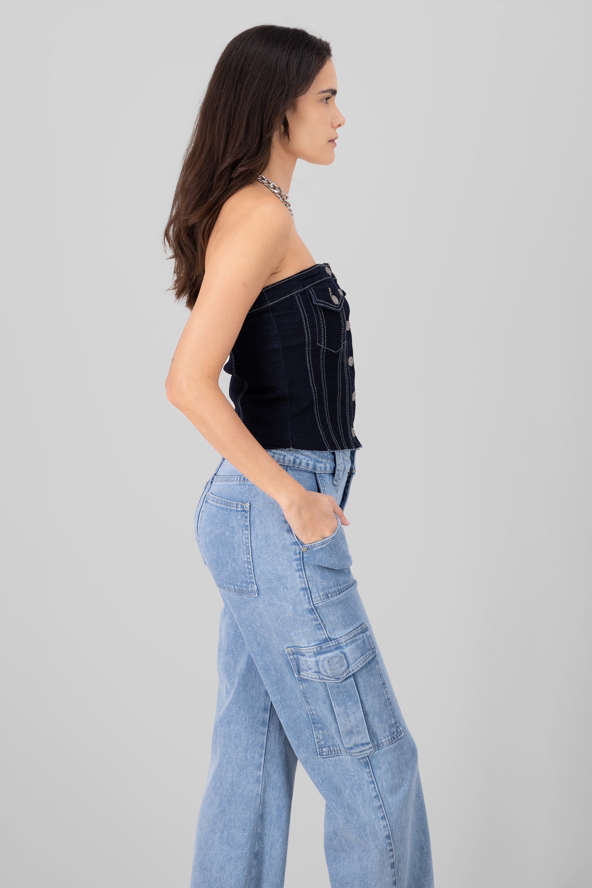 Strapless Denim Corset Top With Utility Pockets DARK WASH