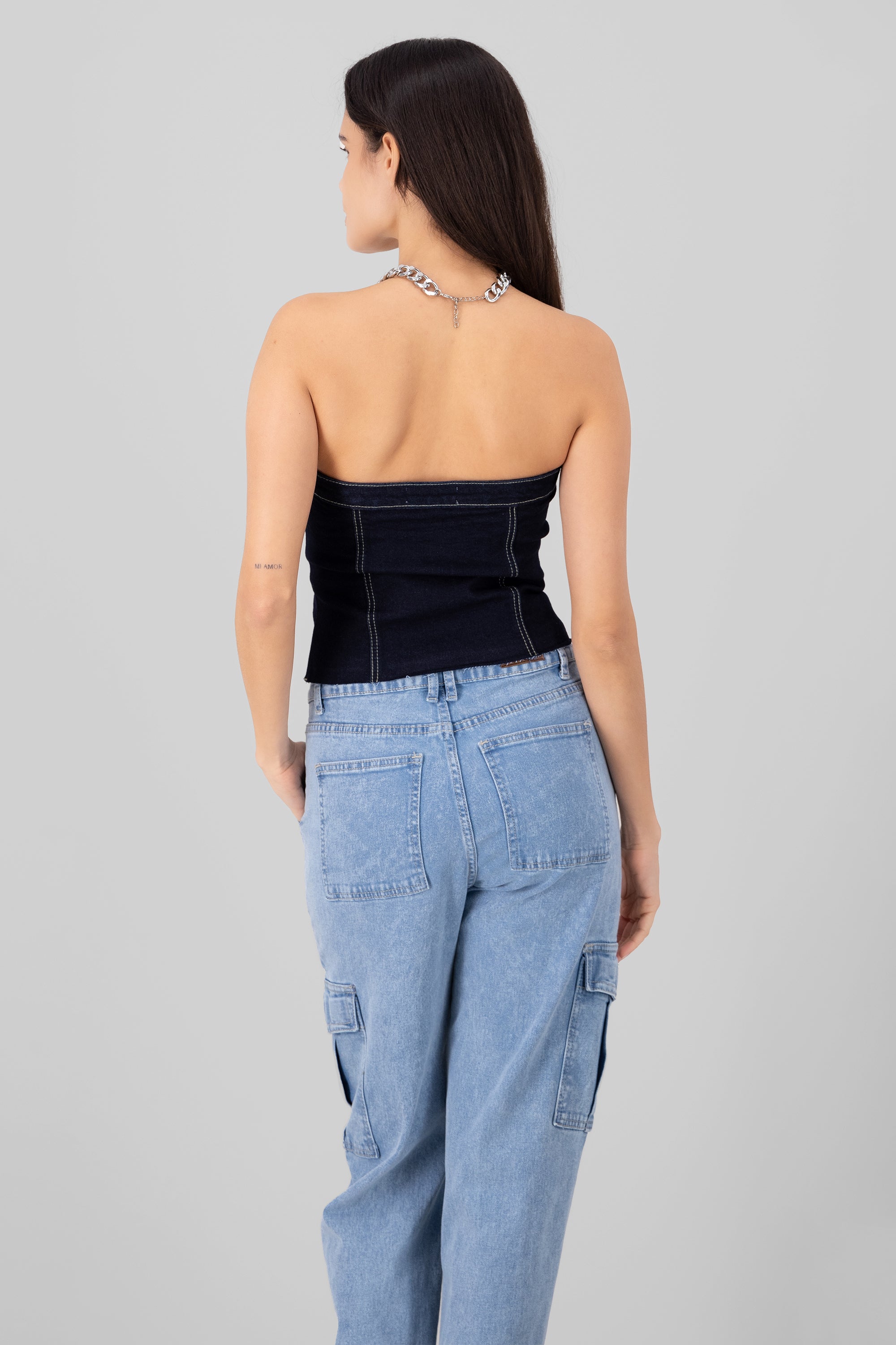 Strapless Denim Corset Top With Utility Pockets DARK WASH