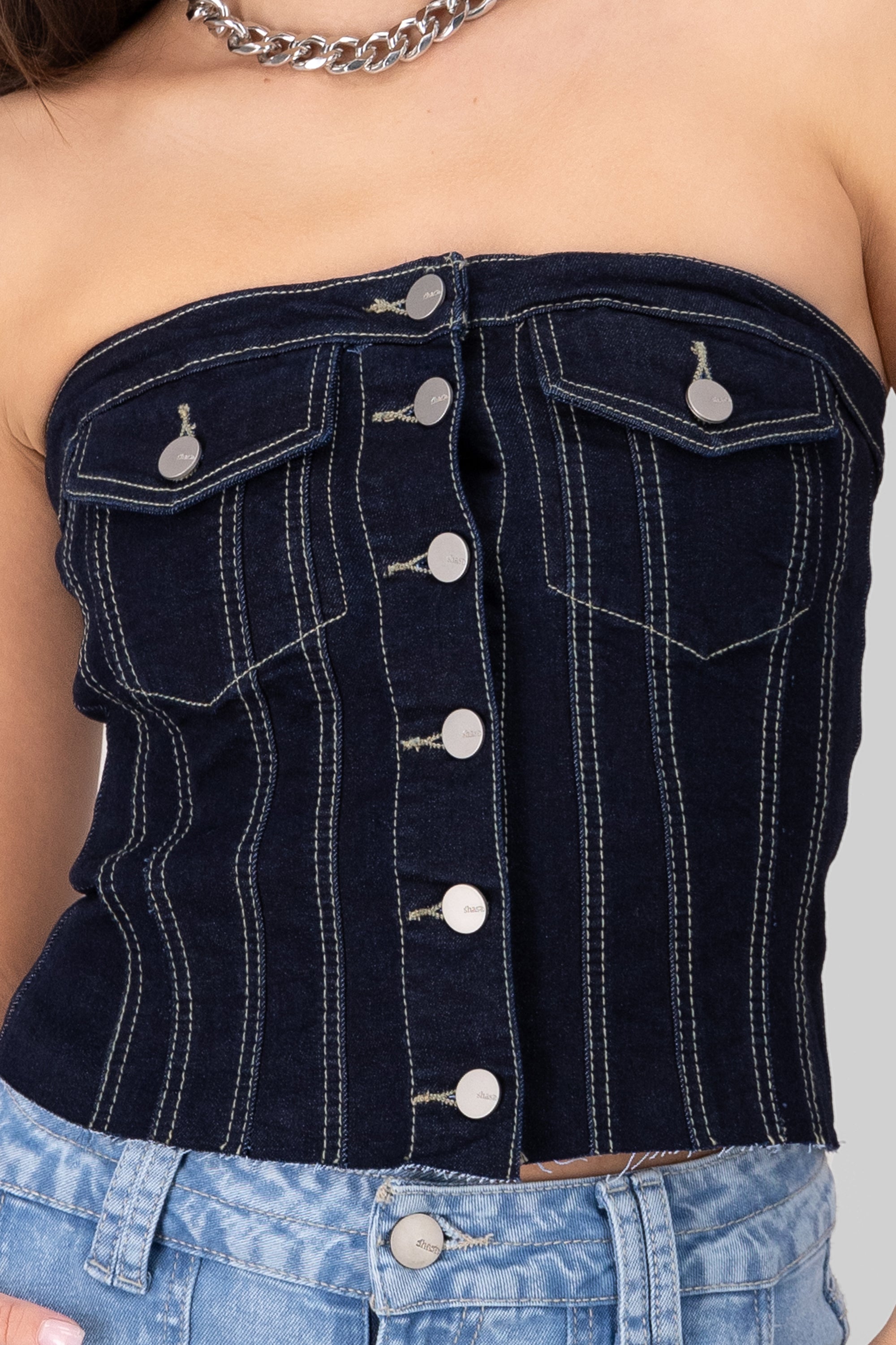 Strapless Denim Corset Top With Utility Pockets DARK WASH