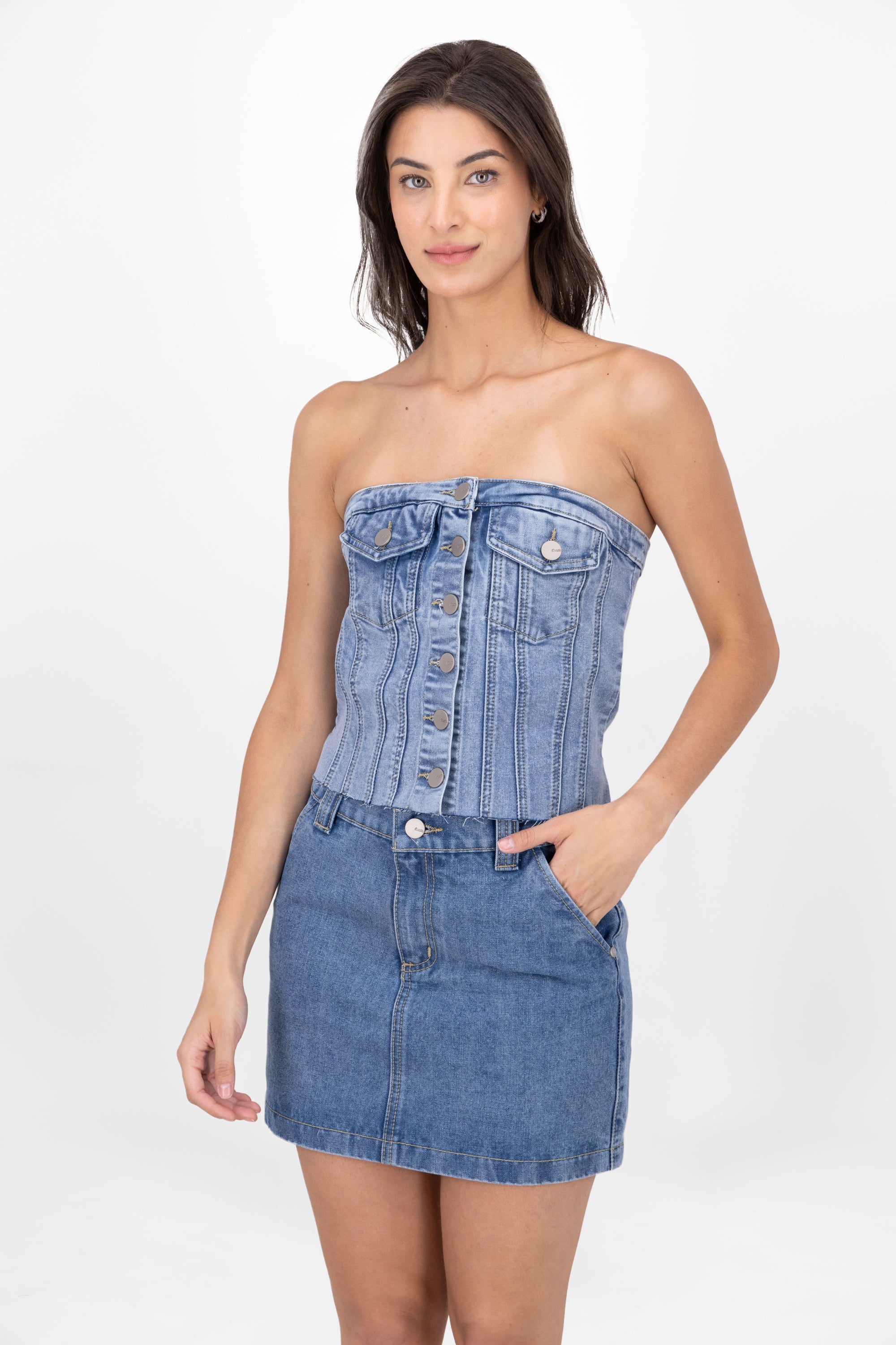 Strapless Denim Corset Top With Utility Pockets LIGHT ACID WASH