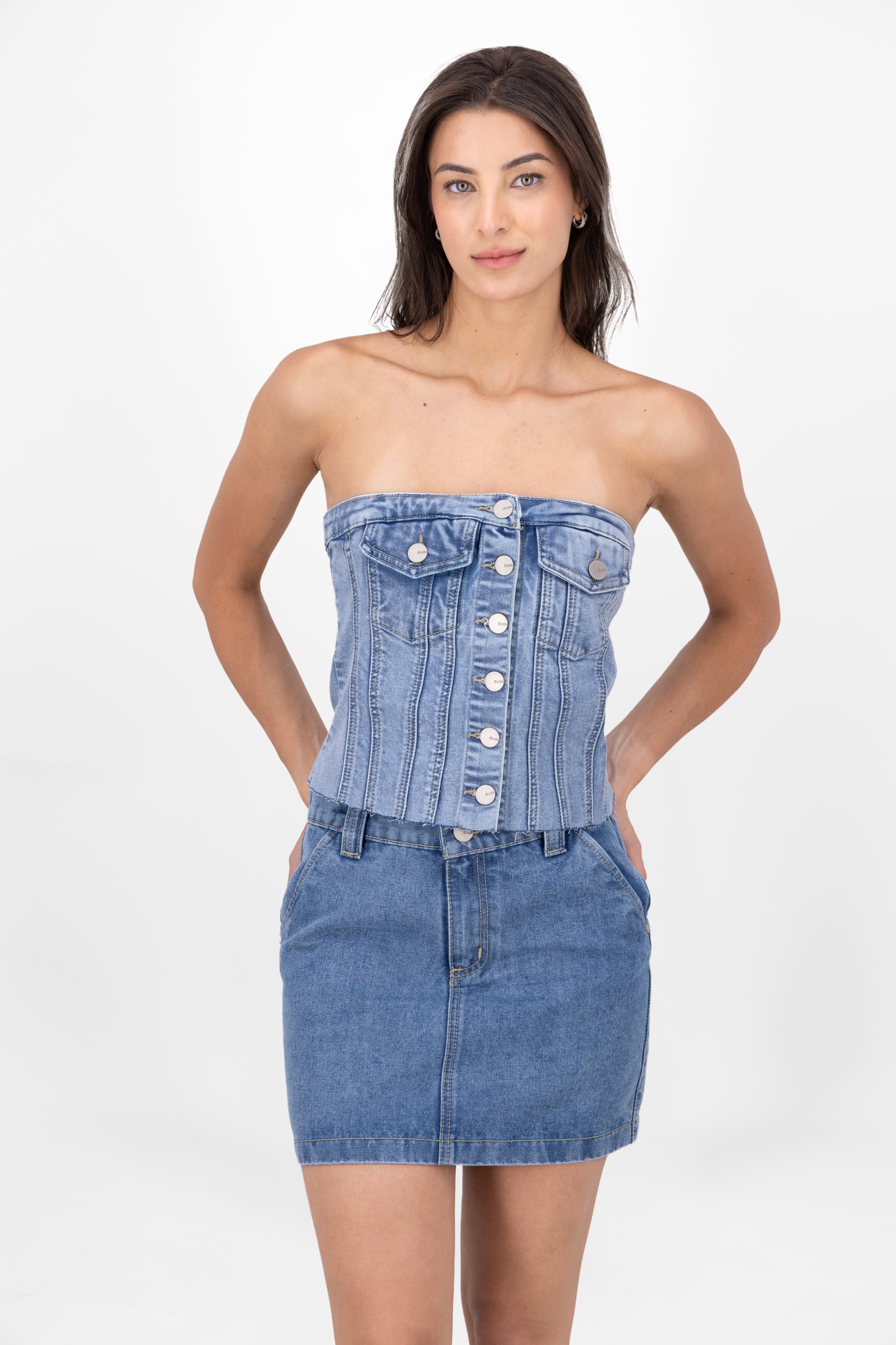 Strapless Denim Corset Top With Utility Pockets LIGHT ACID WASH