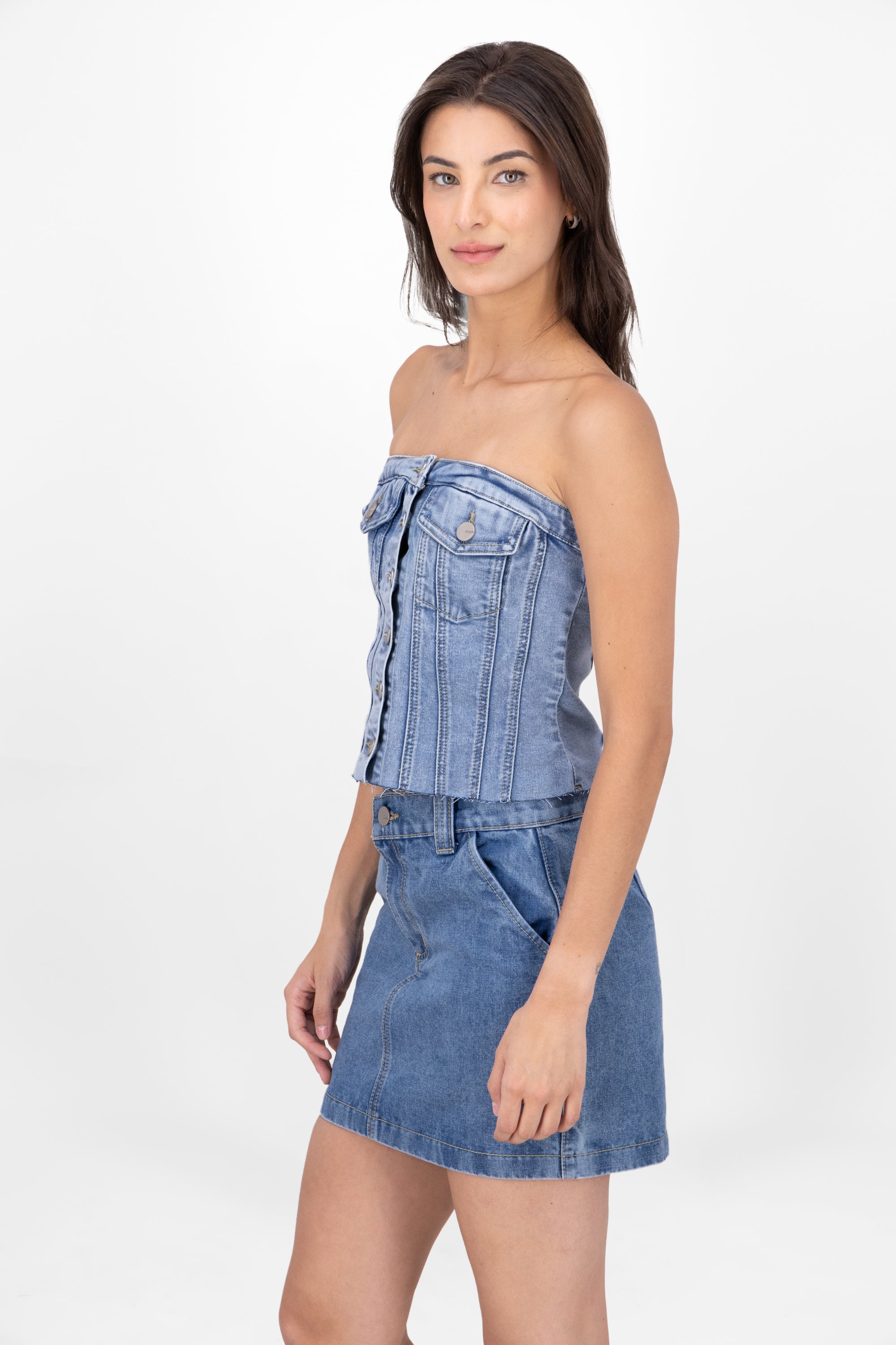 Strapless Denim Corset Top With Utility Pockets LIGHT ACID WASH