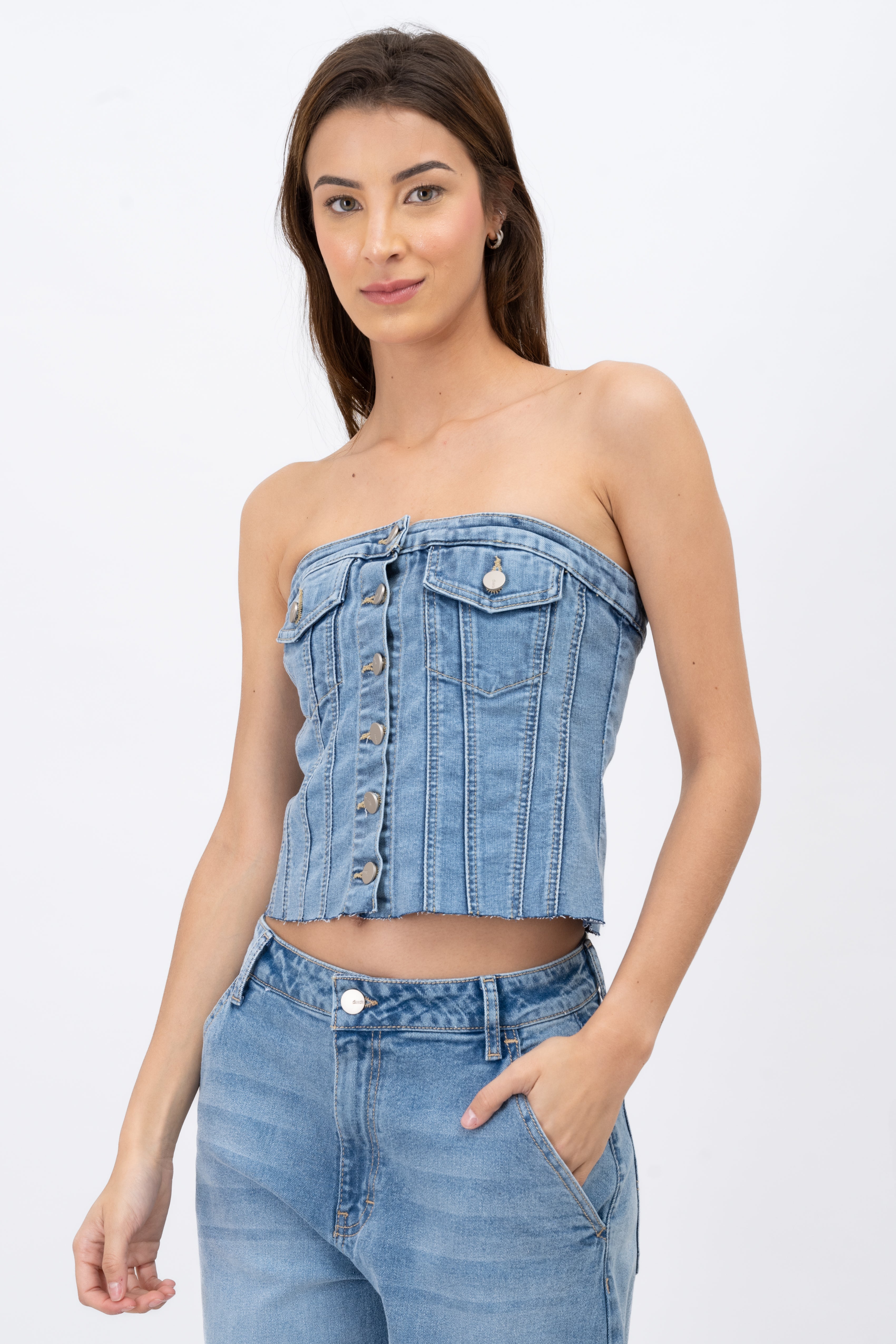 Strapless Denim Corset Top With Utility Pockets MEDIUM ACID WASH