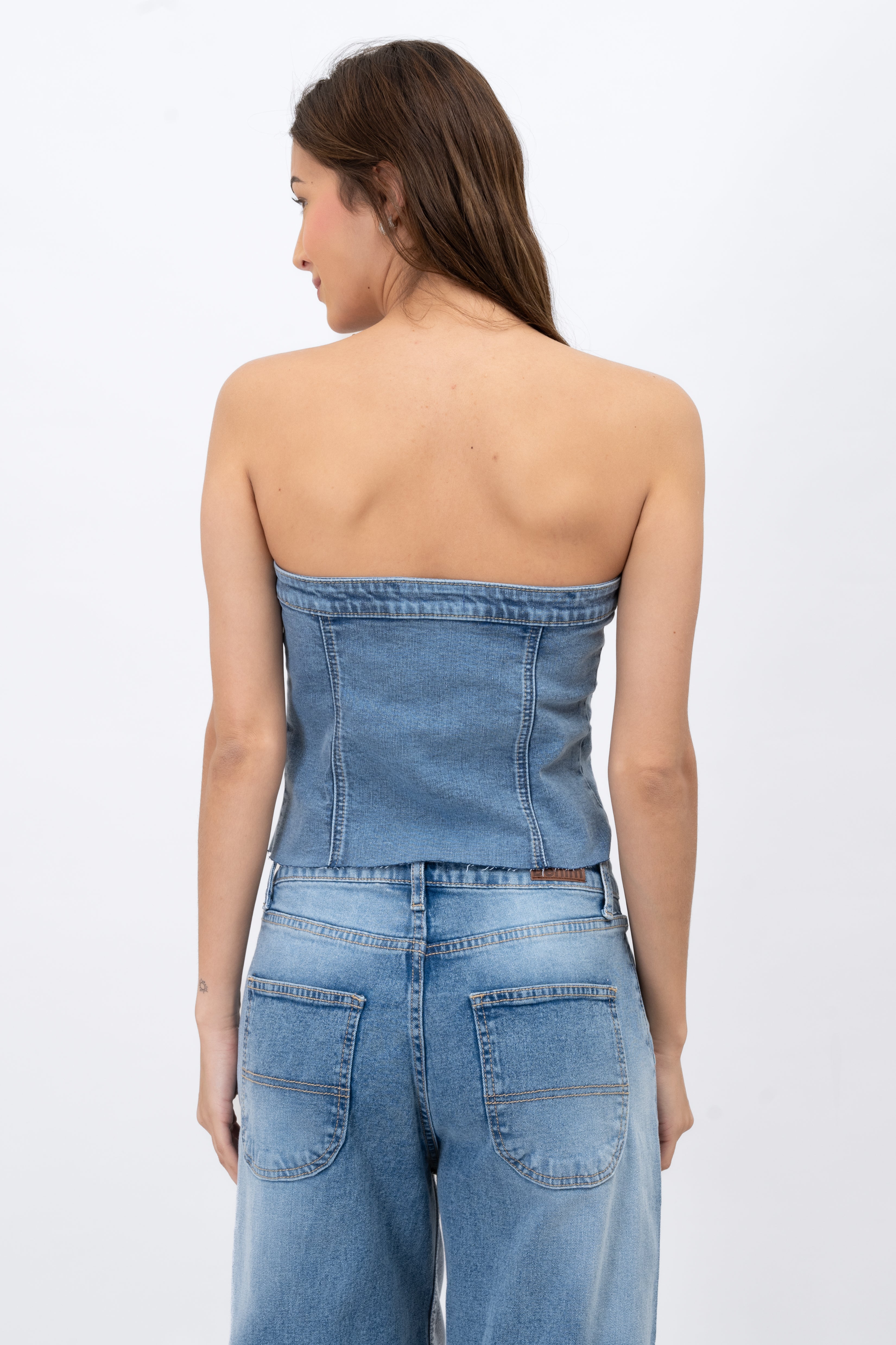 Strapless Denim Corset Top With Utility Pockets MEDIUM ACID WASH