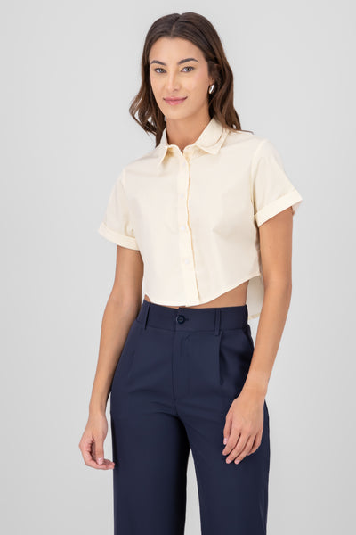 Short Sleeve Button Crop Top BLUE COMBO