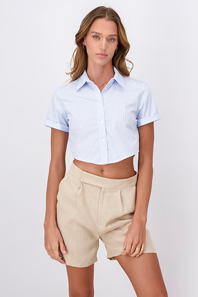 Short Sleeve Button Crop Top BLUE COMBO