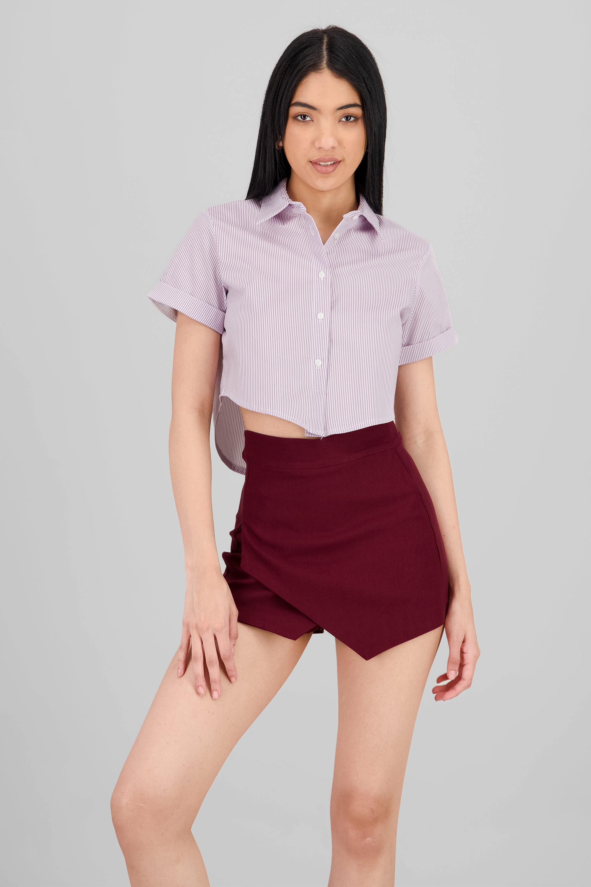 Short Sleeve Button Crop Top PASTEL PURPLE