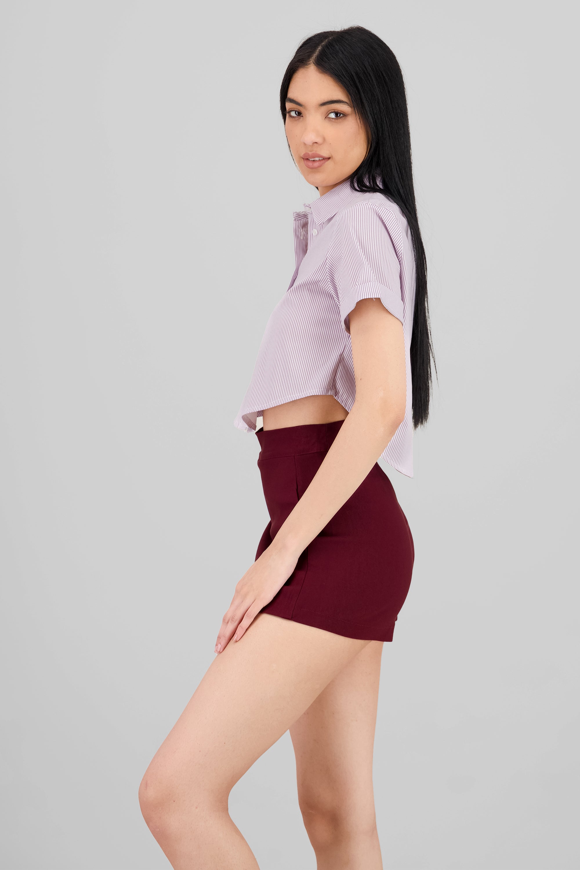 Short Sleeve Button Crop Top PASTEL PURPLE