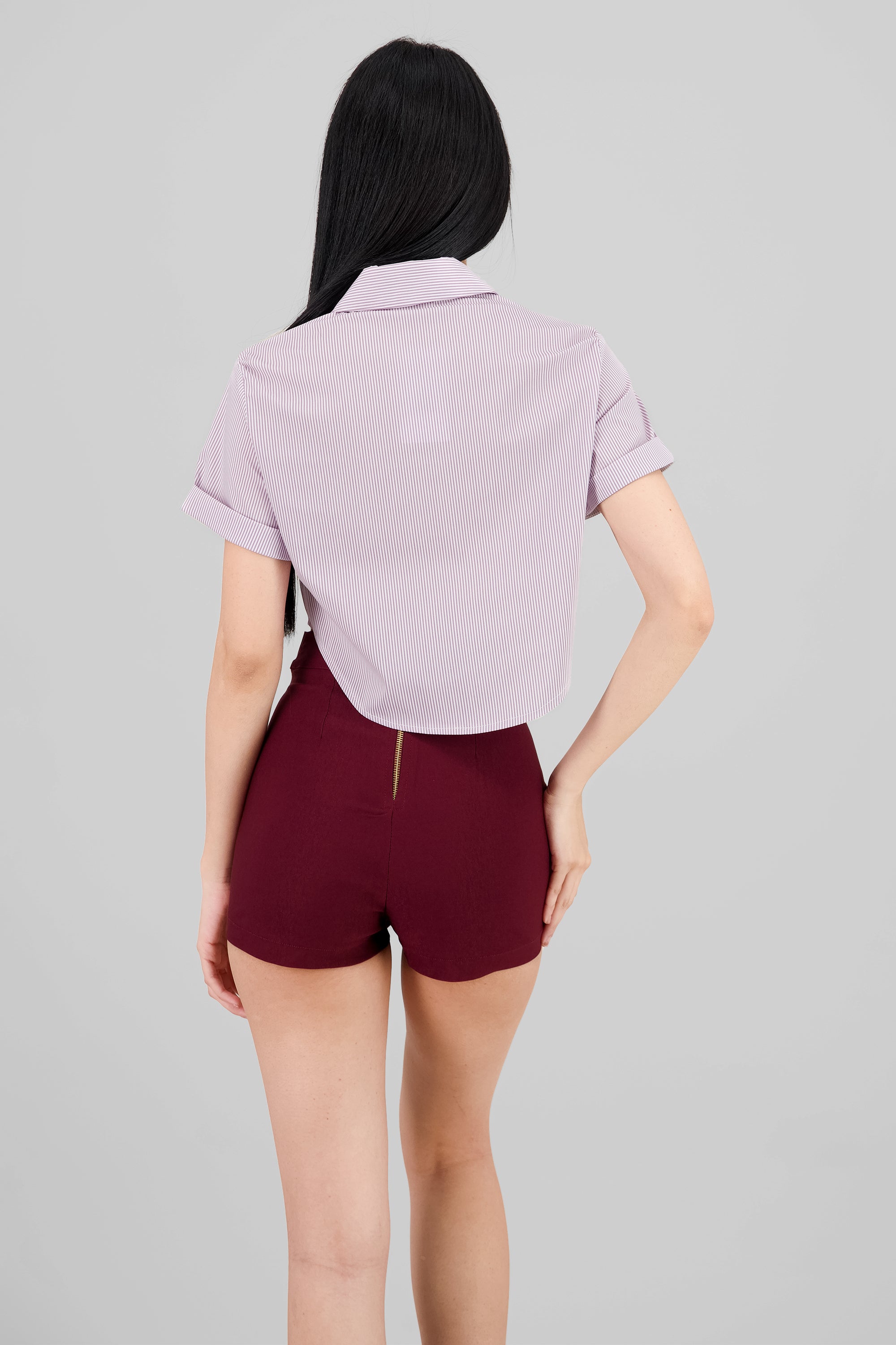 Short Sleeve Button Crop Top PASTEL PURPLE