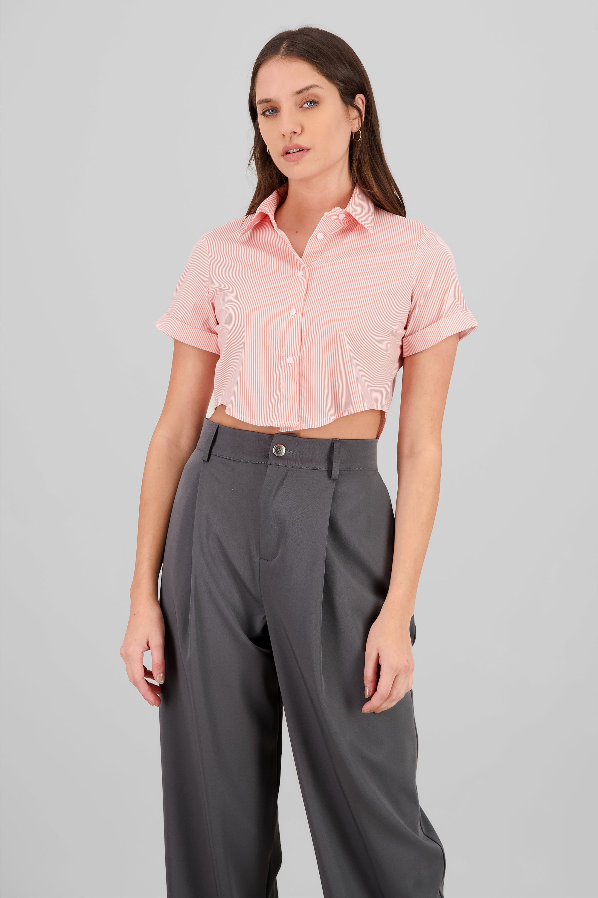 Short Sleeve Button Crop Top PEACH