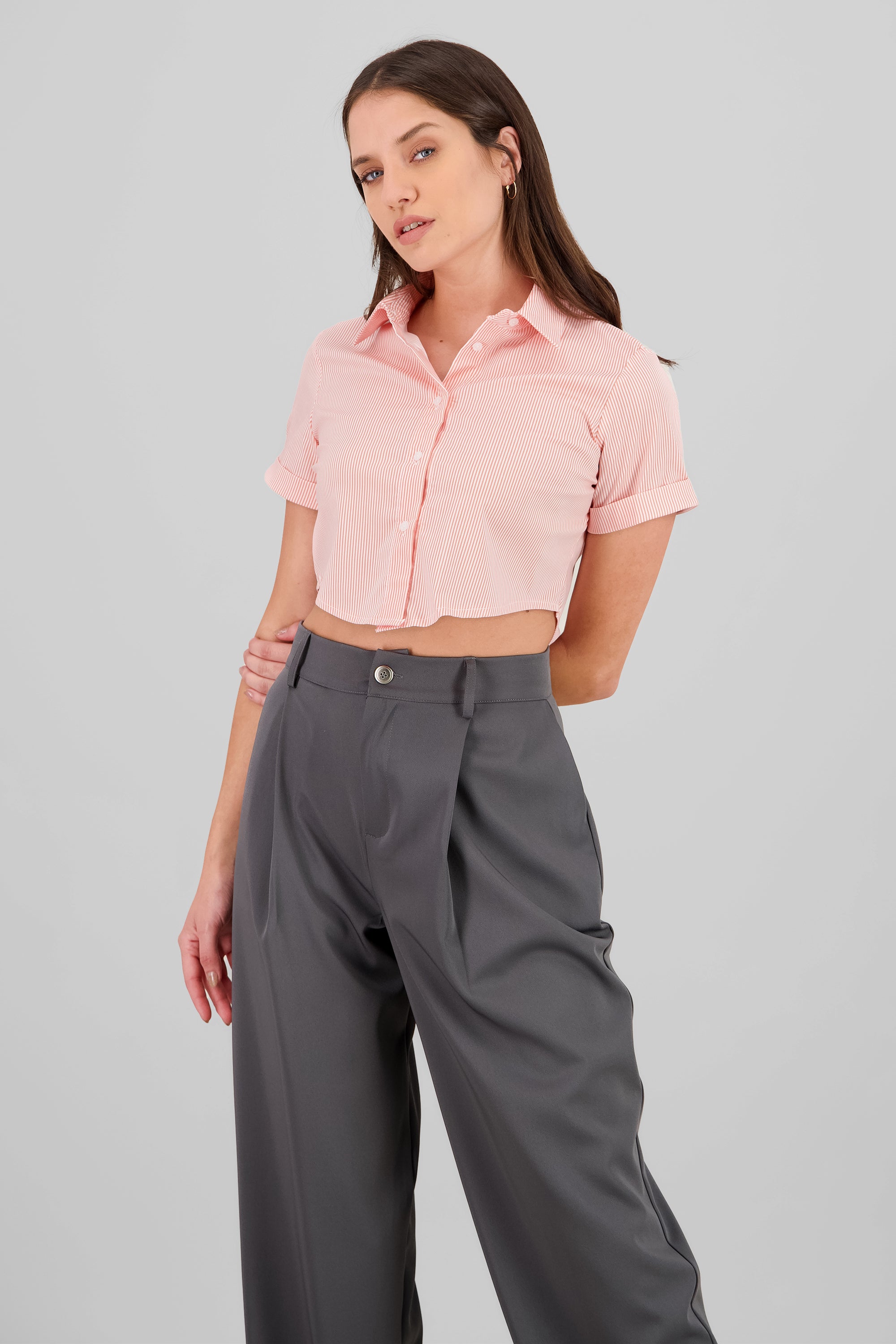 Short Sleeve Button Crop Top PEACH