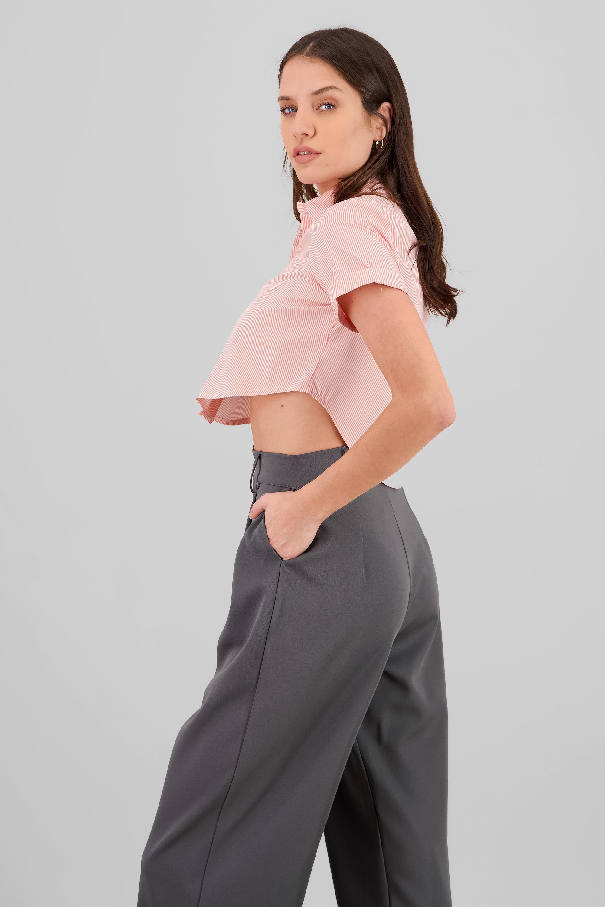 Short Sleeve Button Crop Top PEACH