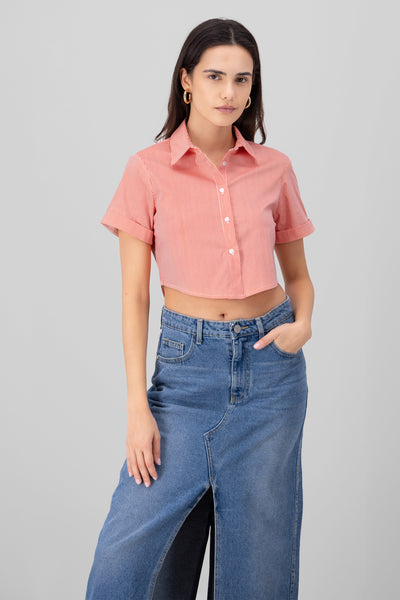 Short Sleeve Button Crop Top BLUE COMBO