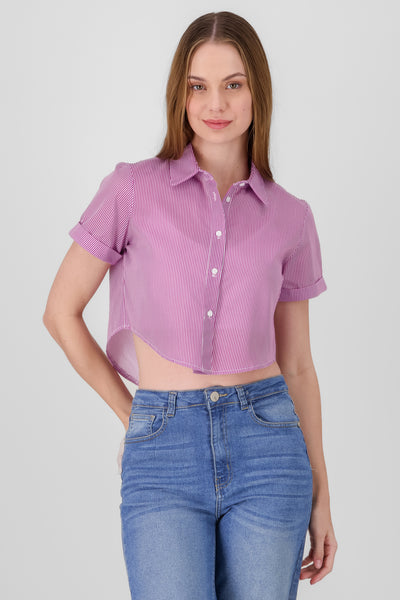 Short Sleeve Button Crop Top BLUE COMBO