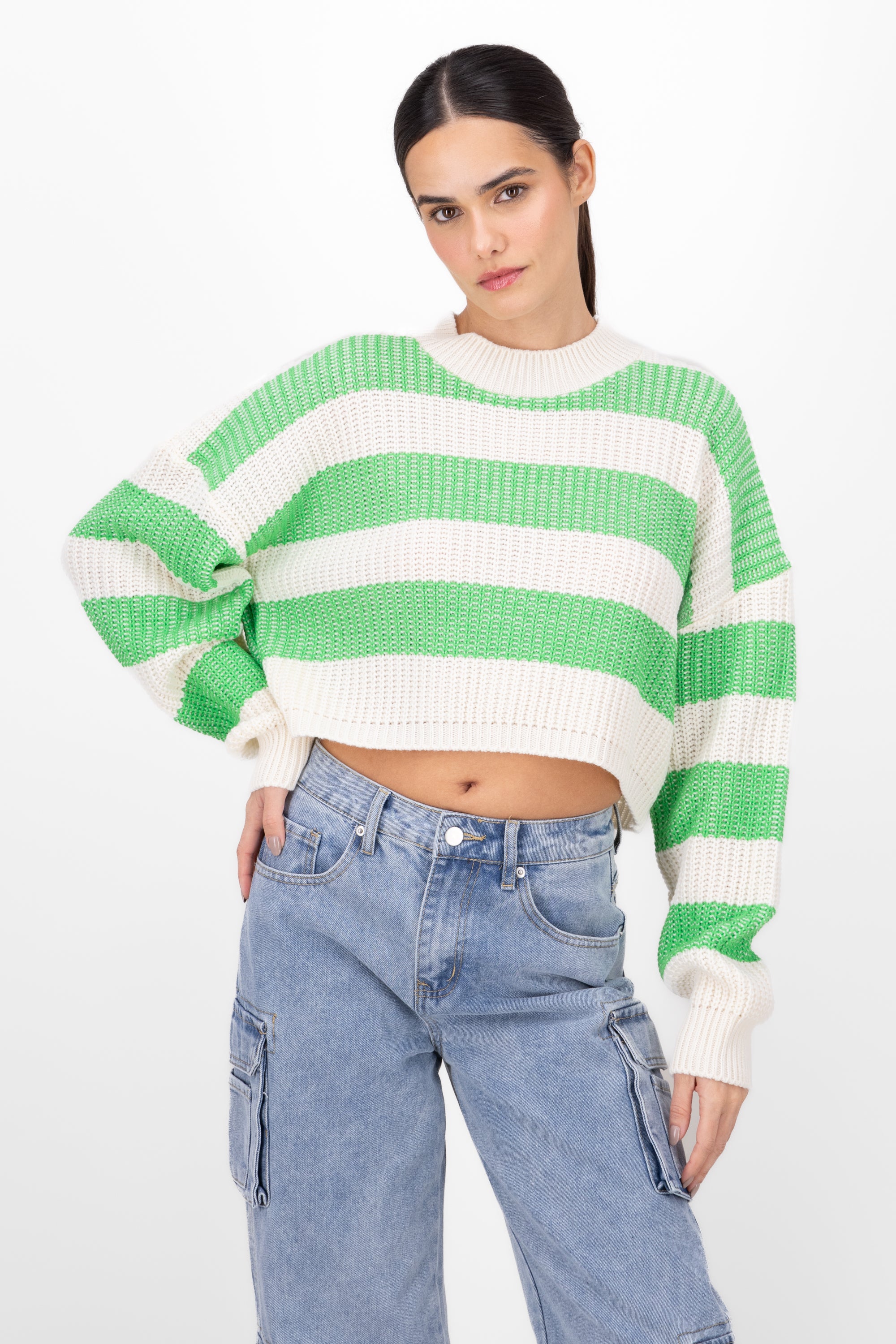 Striped Woven Cropped Sweater BRIGHT GREEN