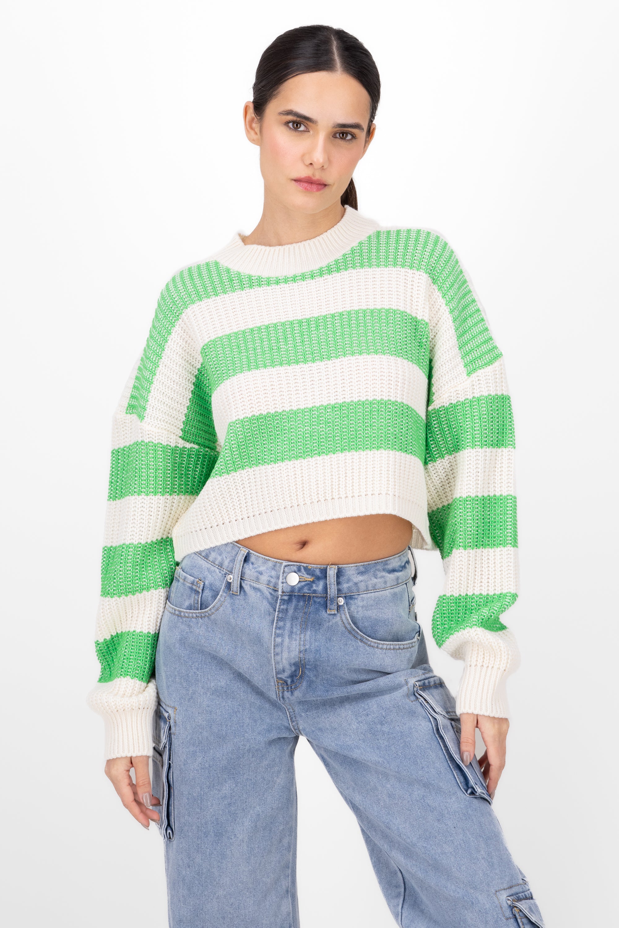 Striped Woven Cropped Sweater BRIGHT GREEN