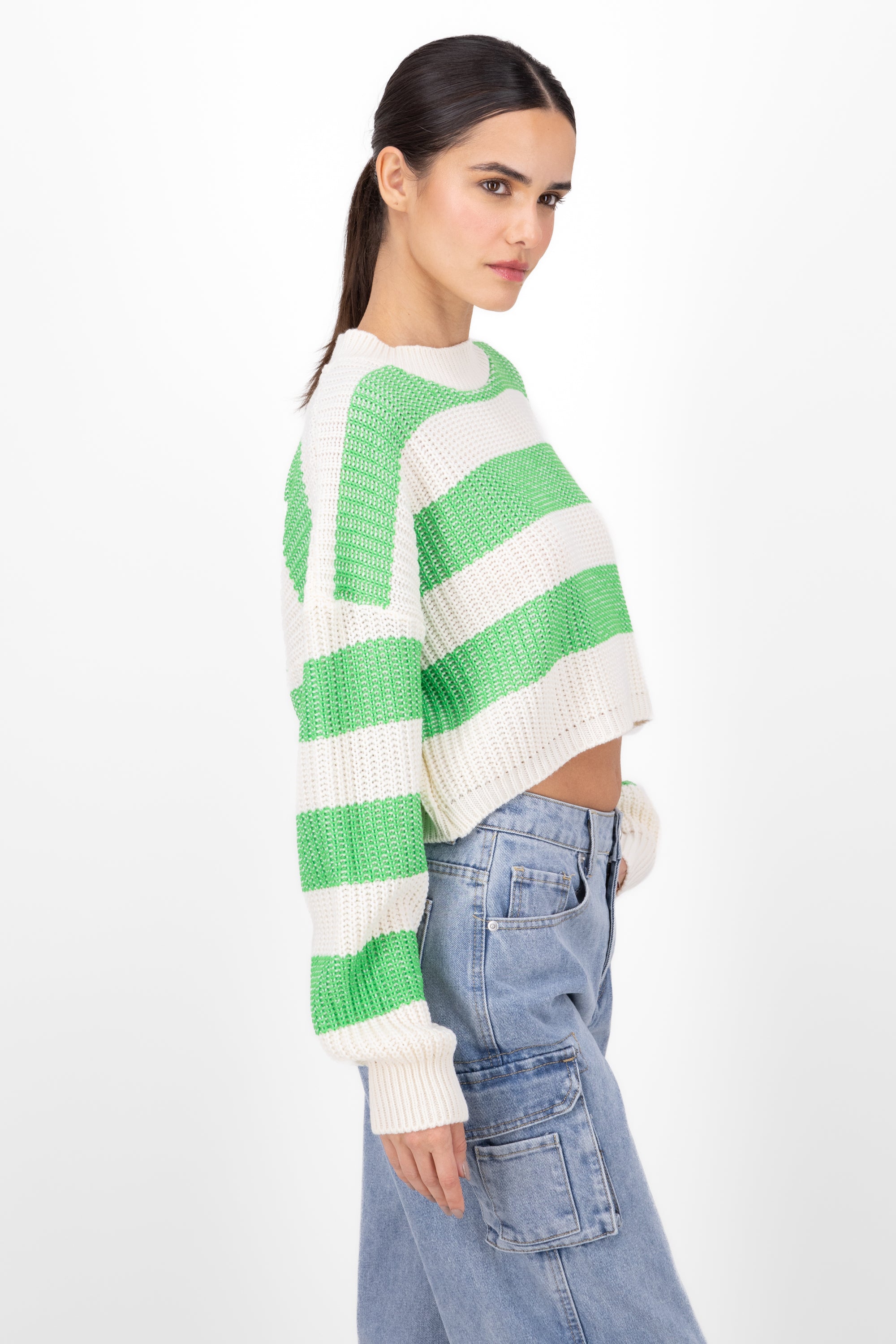 Striped Woven Cropped Sweater BRIGHT GREEN