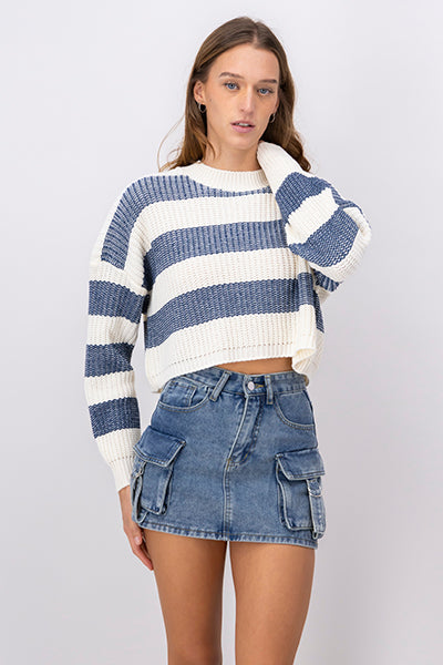 Striped Woven Cropped Sweater INDIGO