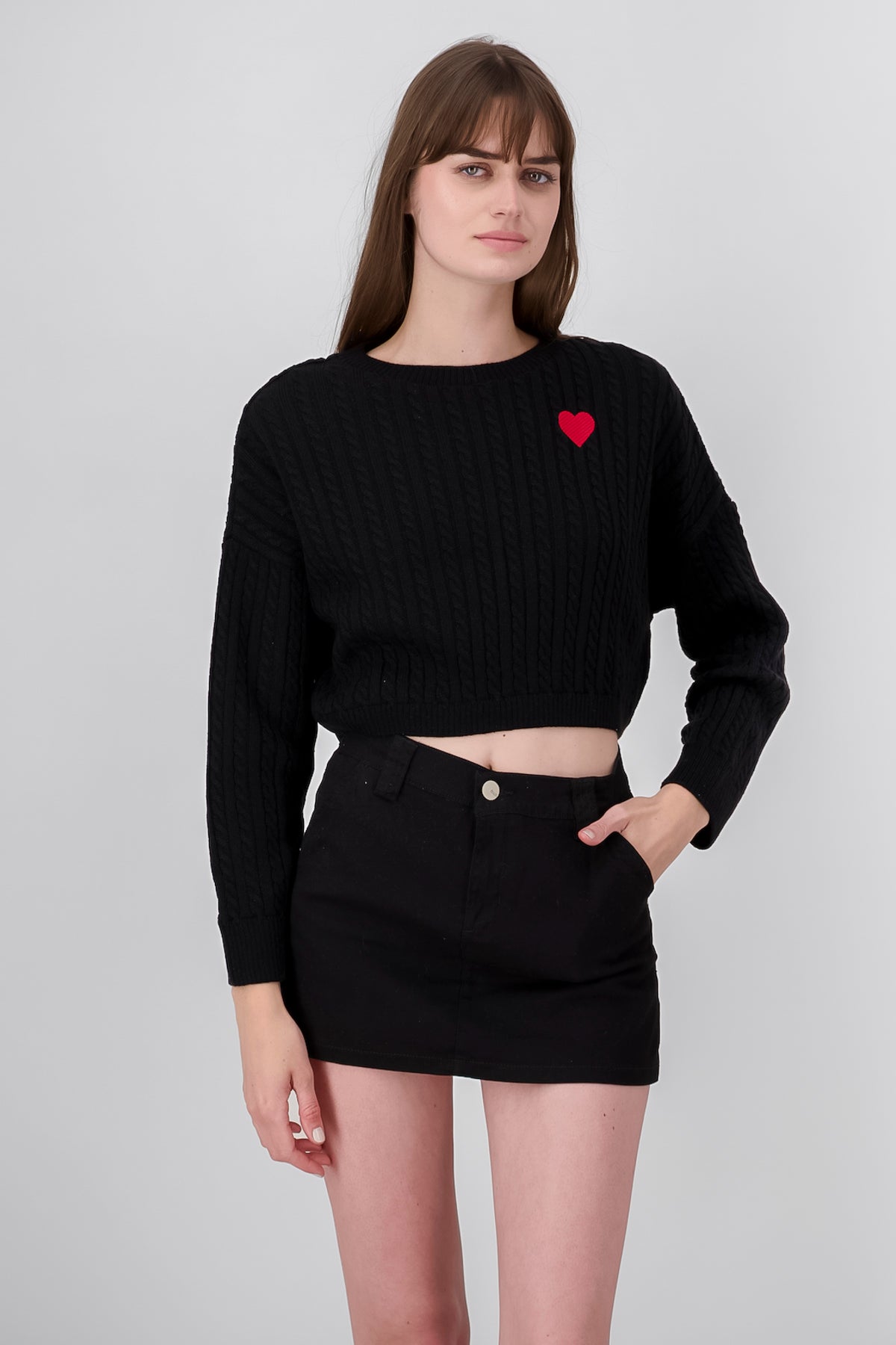 Heart Embroidered Braided Sweater BLACK