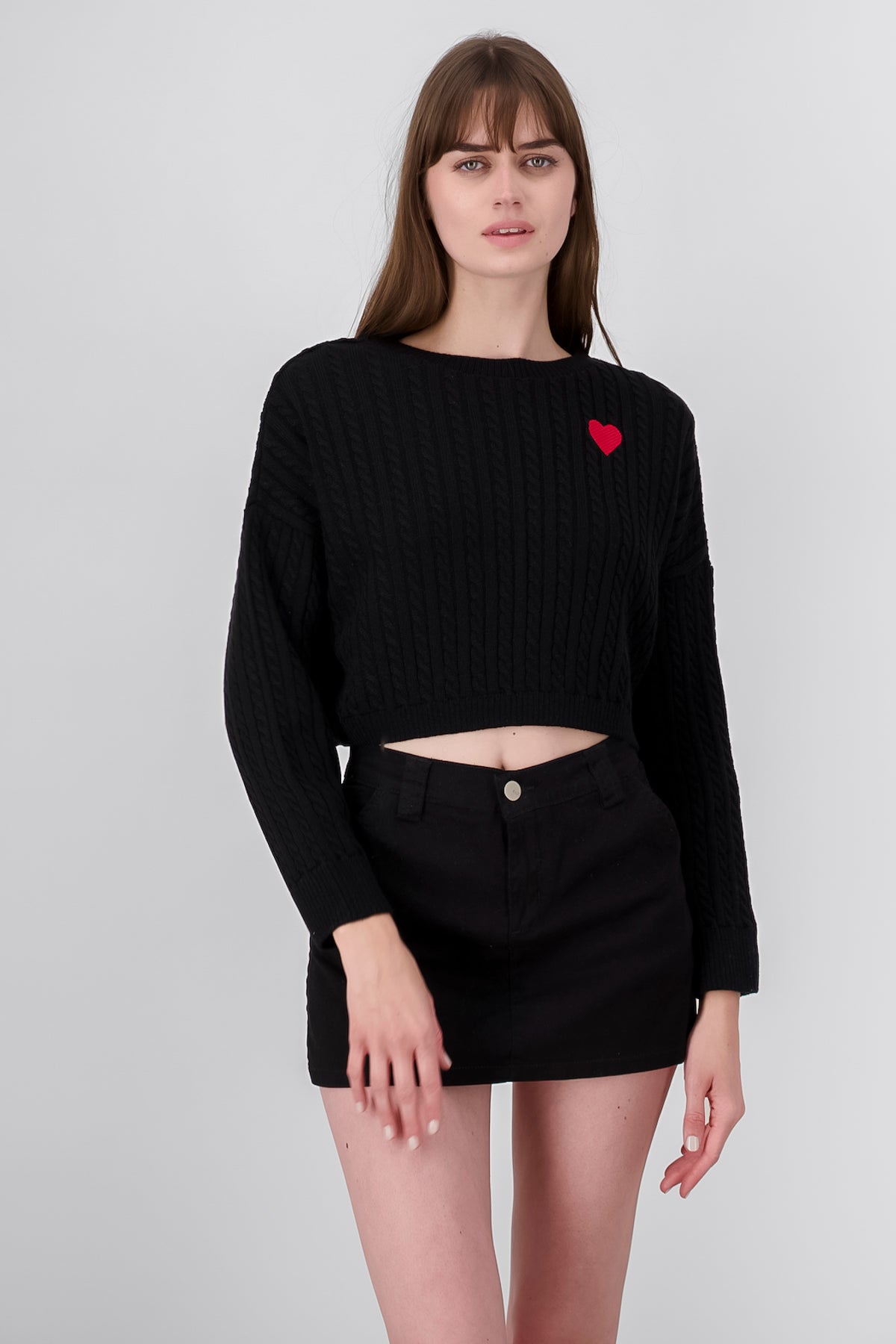 Heart Embroidered Braided Sweater BLACK