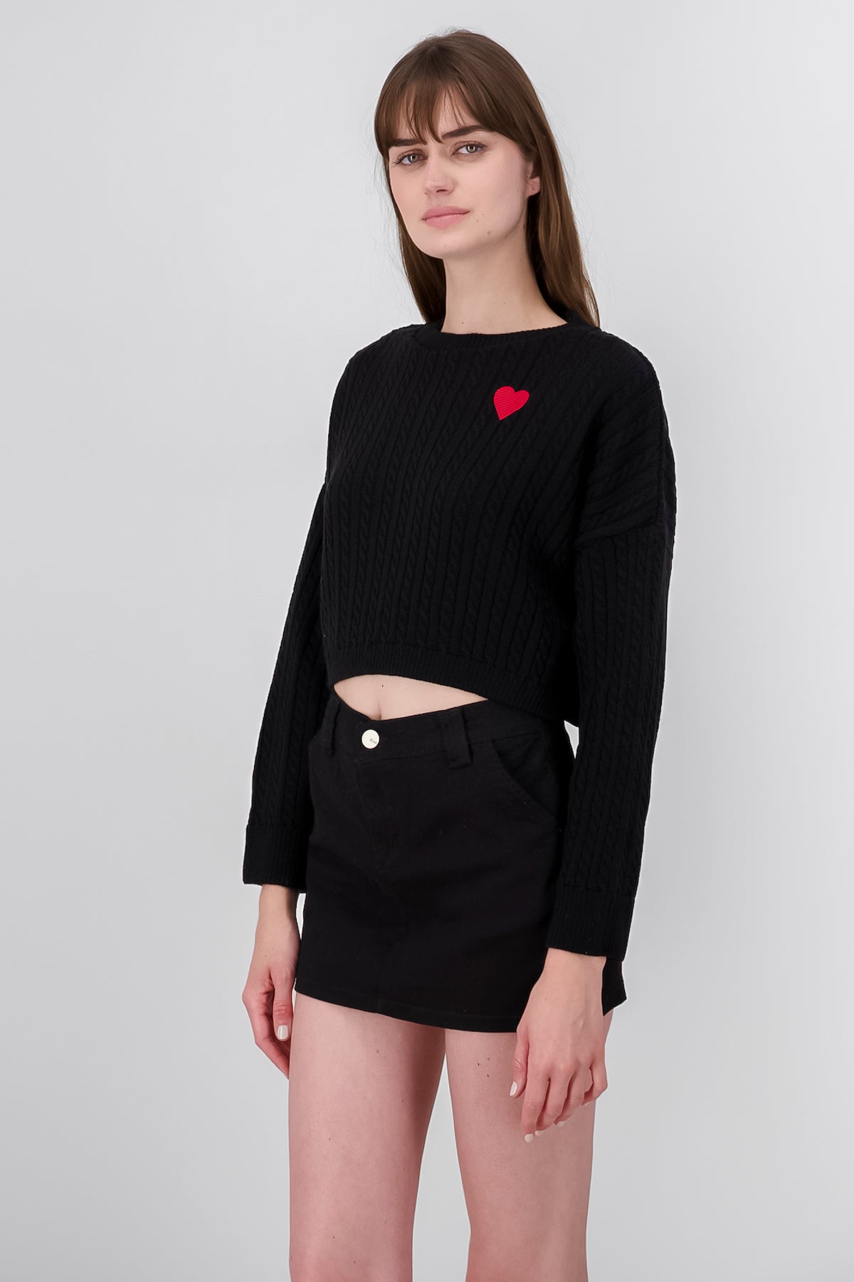 Heart Embroidered Braided Sweater BLACK