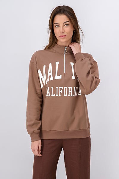 Malibu Slogan Sweatshirt With Zipper BEIGE