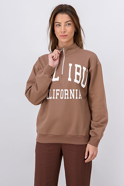 Malibu Slogan Sweatshirt With Zipper BEIGE