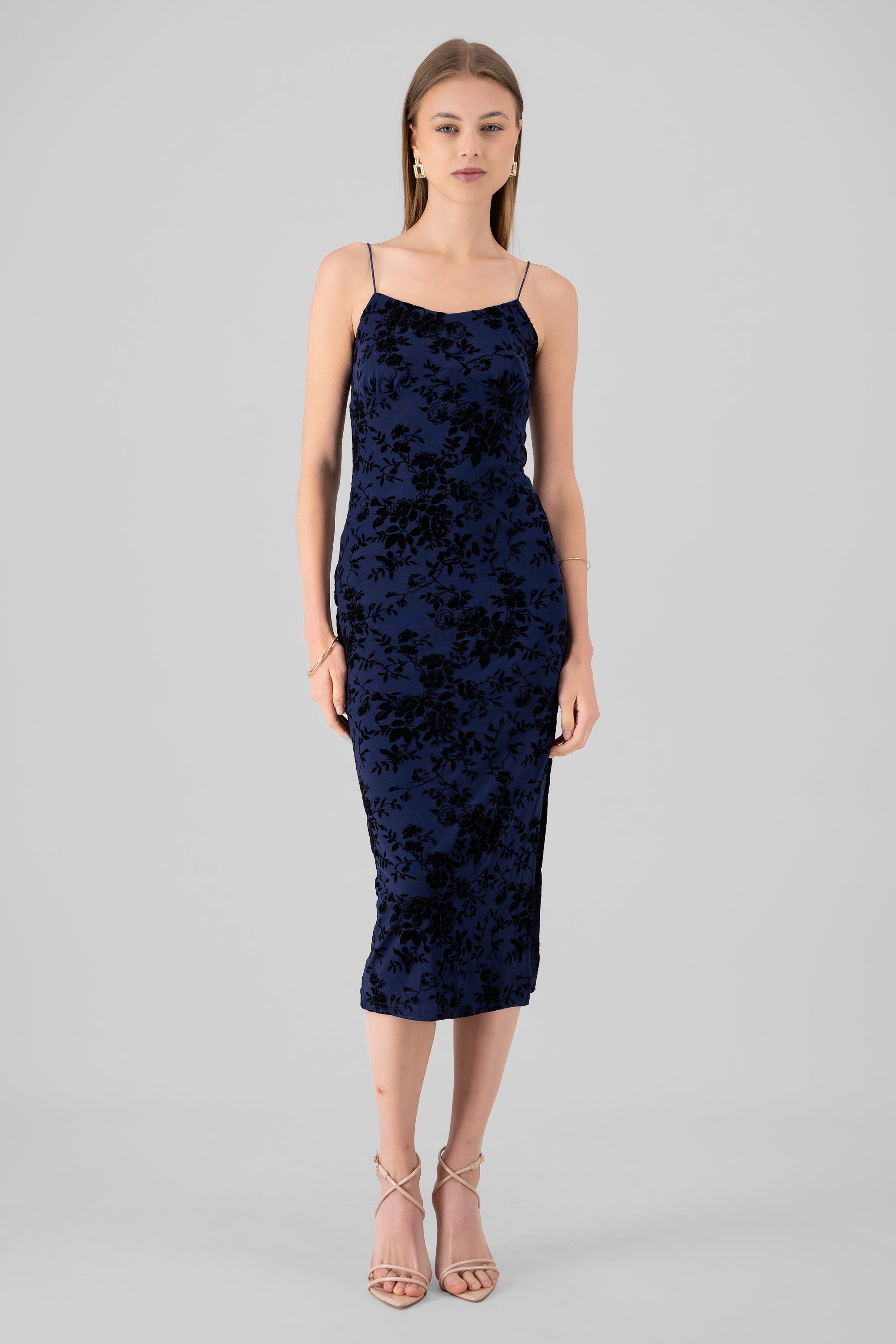 Floral Thin Strap Bodycon Midi Day Dress NAVY COMBO