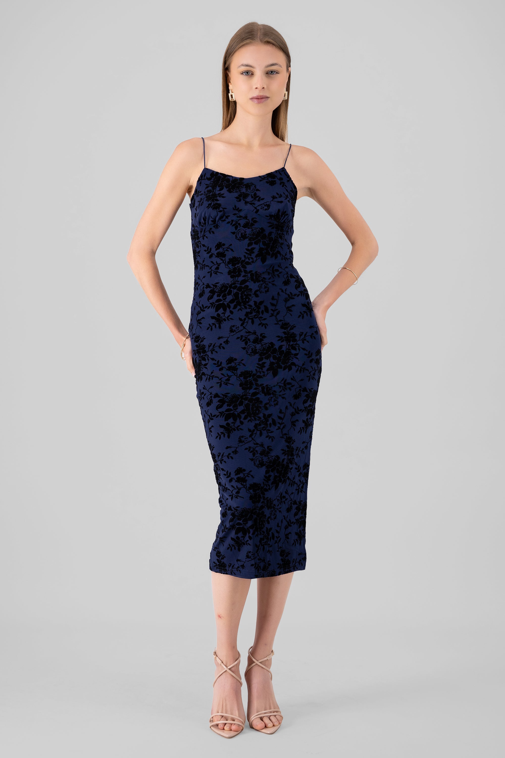 Floral Thin Strap Bodycon Midi Day Dress NAVY COMBO