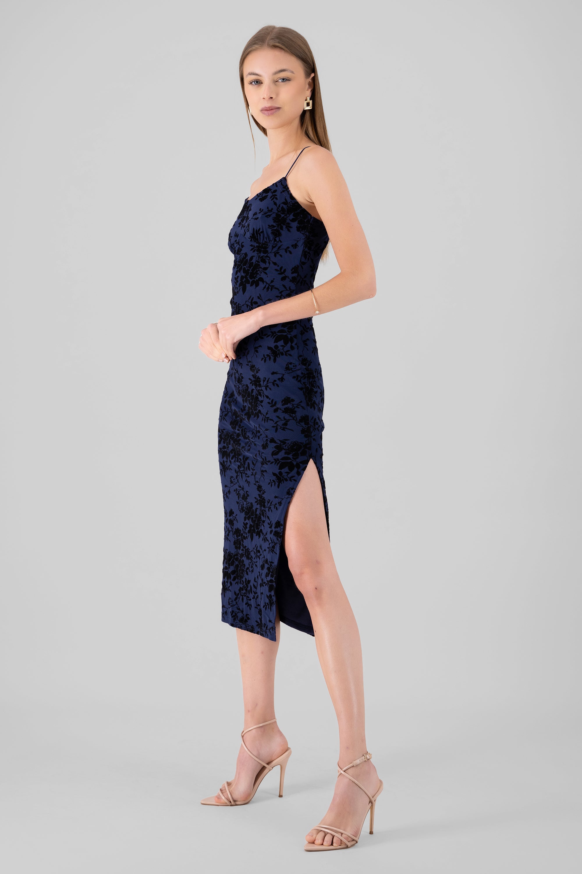 Floral Thin Strap Bodycon Midi Day Dress NAVY COMBO