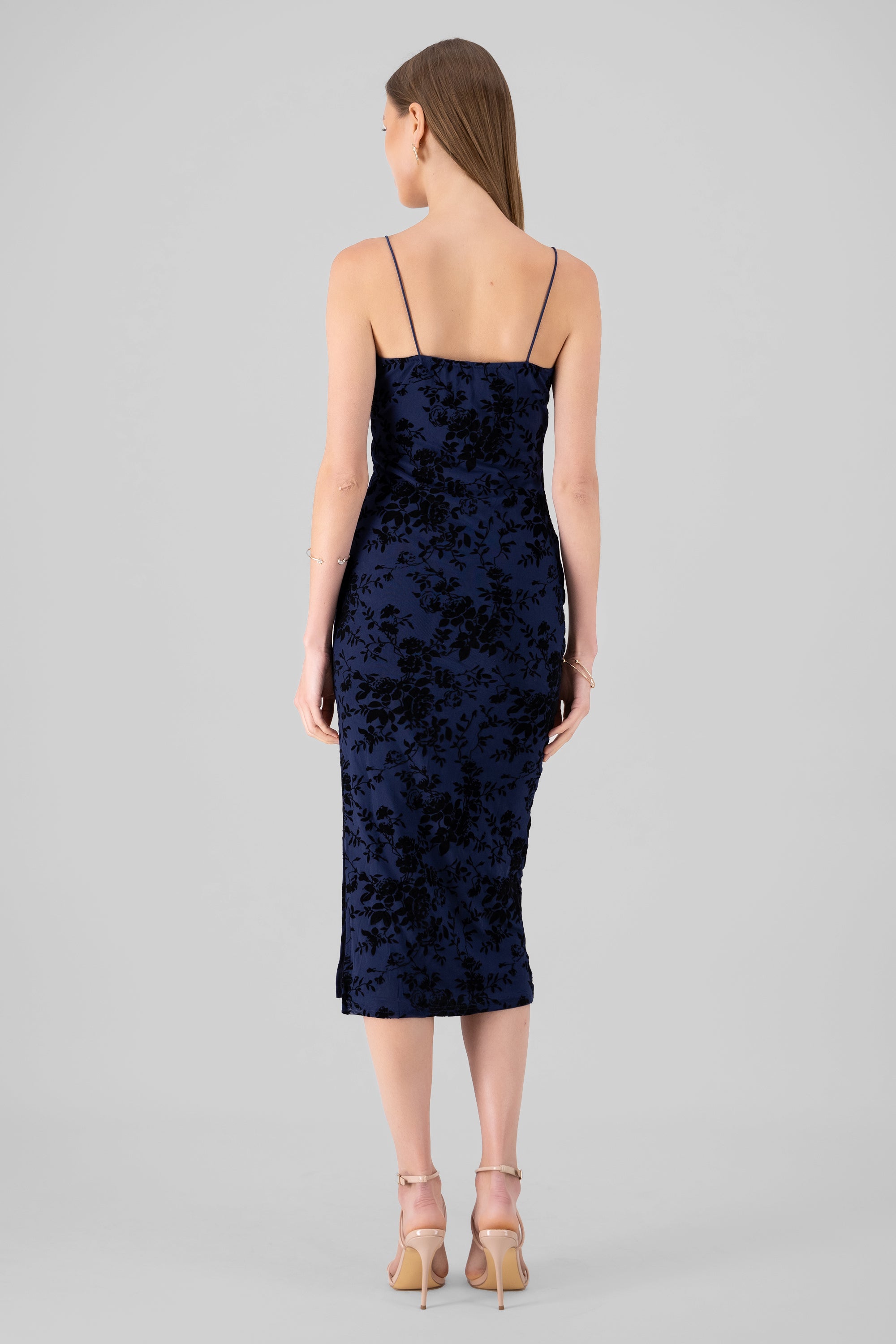 Floral Thin Strap Bodycon Midi Day Dress NAVY COMBO