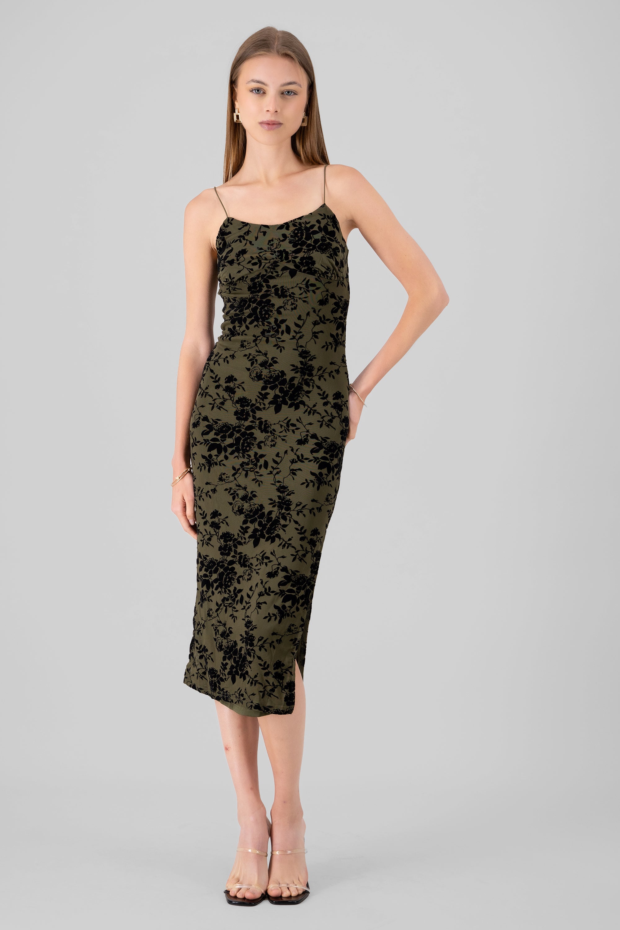 Floral Thin Strap Bodycon Midi Day Dress OLIVE COMBO