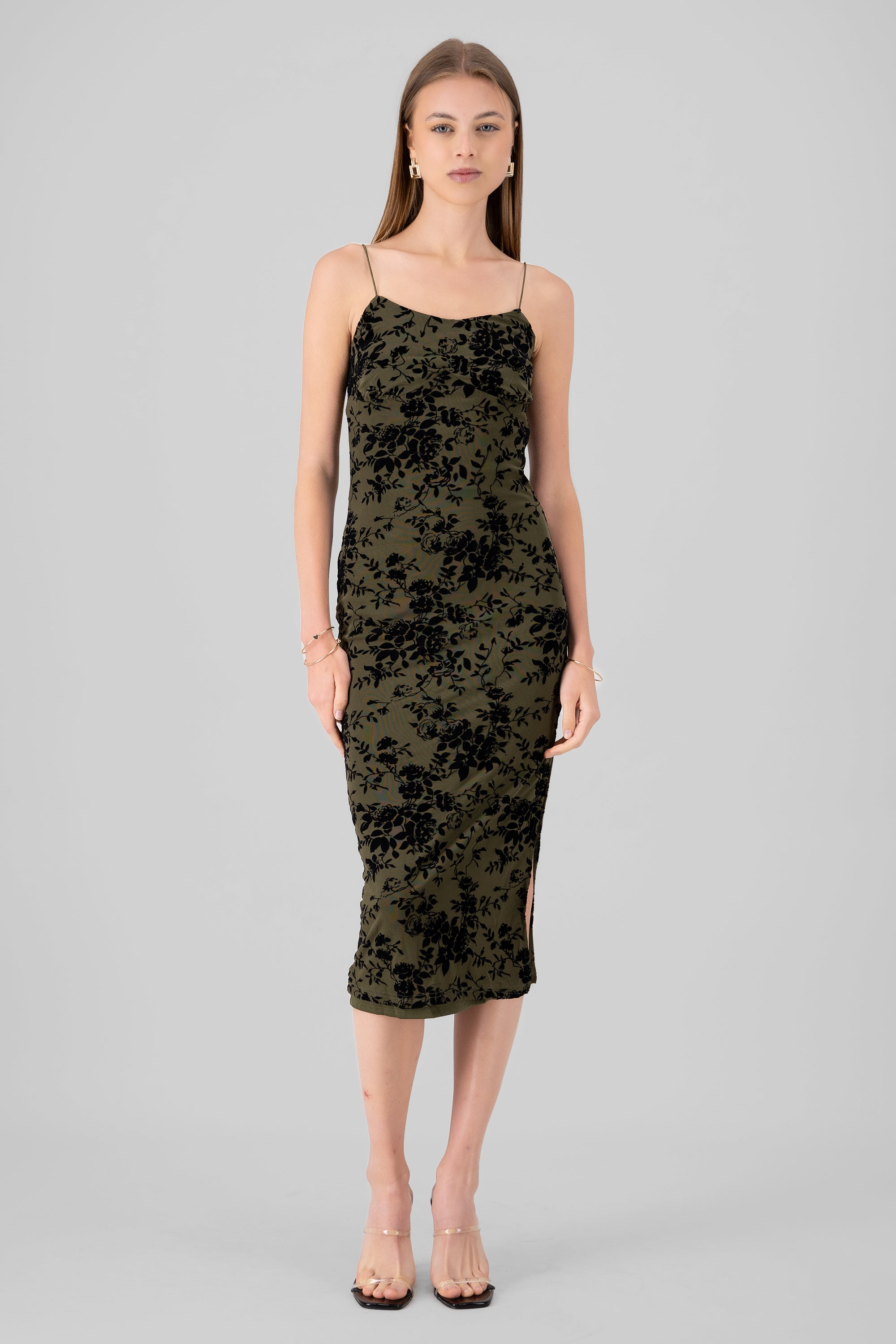 Floral Thin Strap Bodycon Midi Day Dress OLIVE COMBO