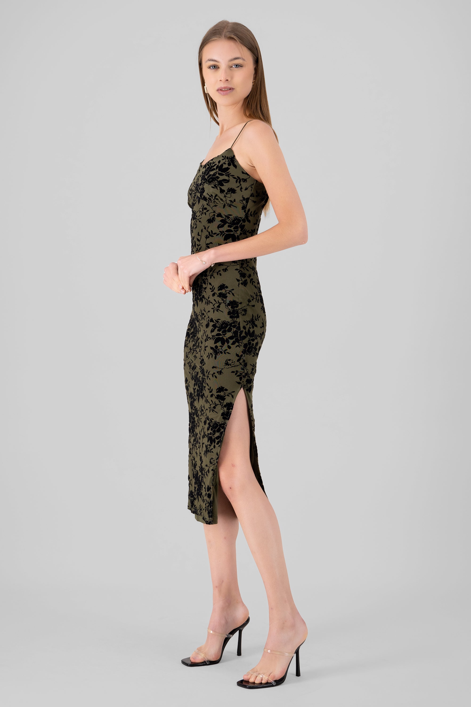 Floral Thin Strap Bodycon Midi Day Dress OLIVE COMBO