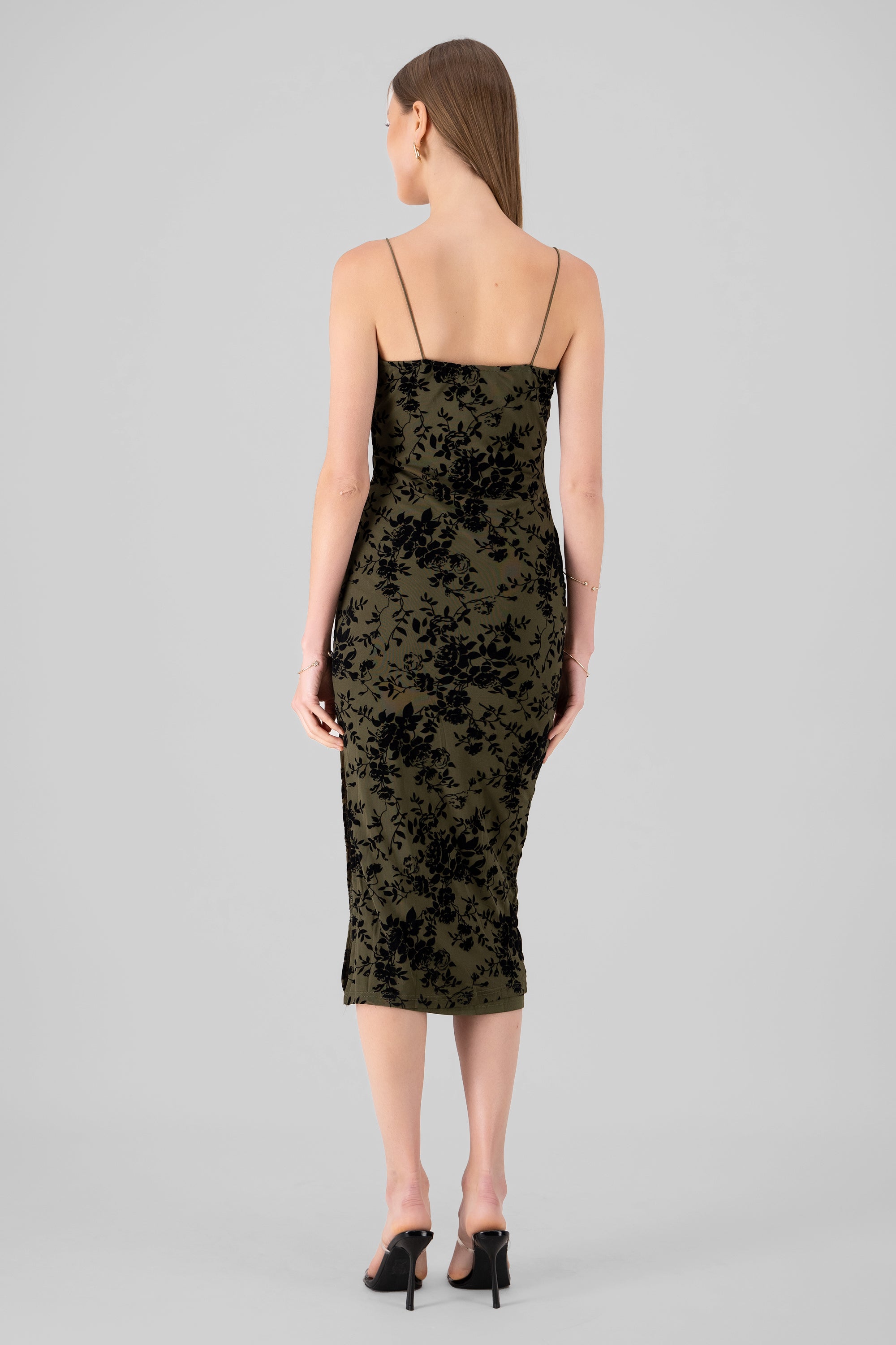 Floral Thin Strap Bodycon Midi Day Dress OLIVE COMBO