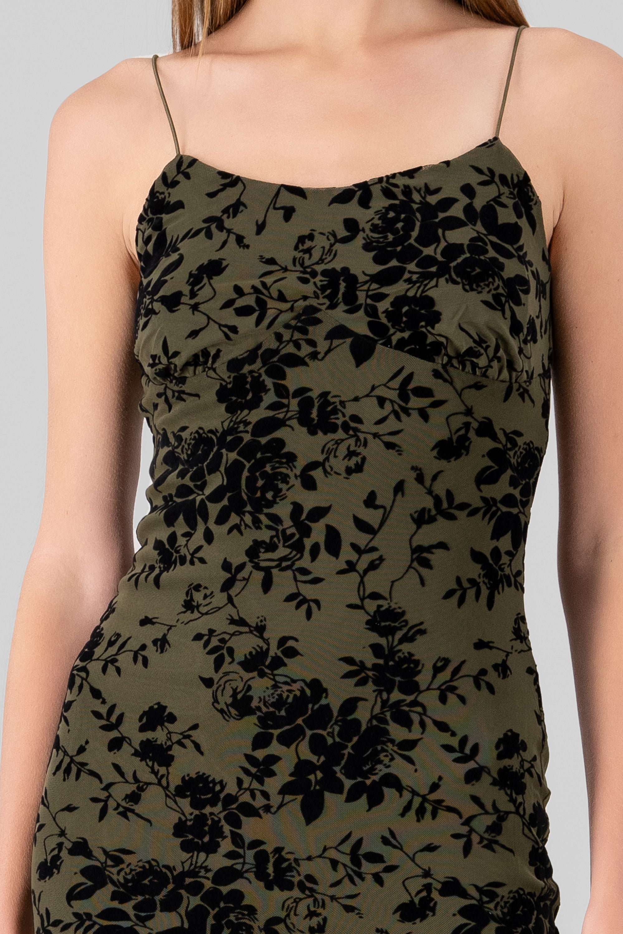 Floral Thin Strap Bodycon Midi Day Dress OLIVE COMBO