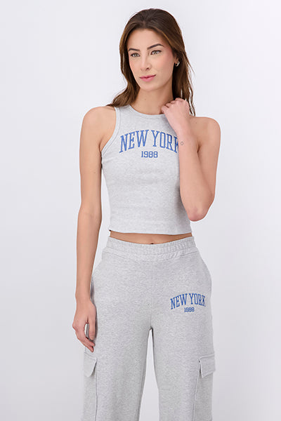 New York Printed Ribbed Crop Top HEATHER GRAY