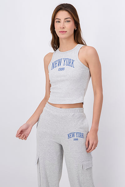 New York Printed Ribbed Crop Top HEATHER GRAY