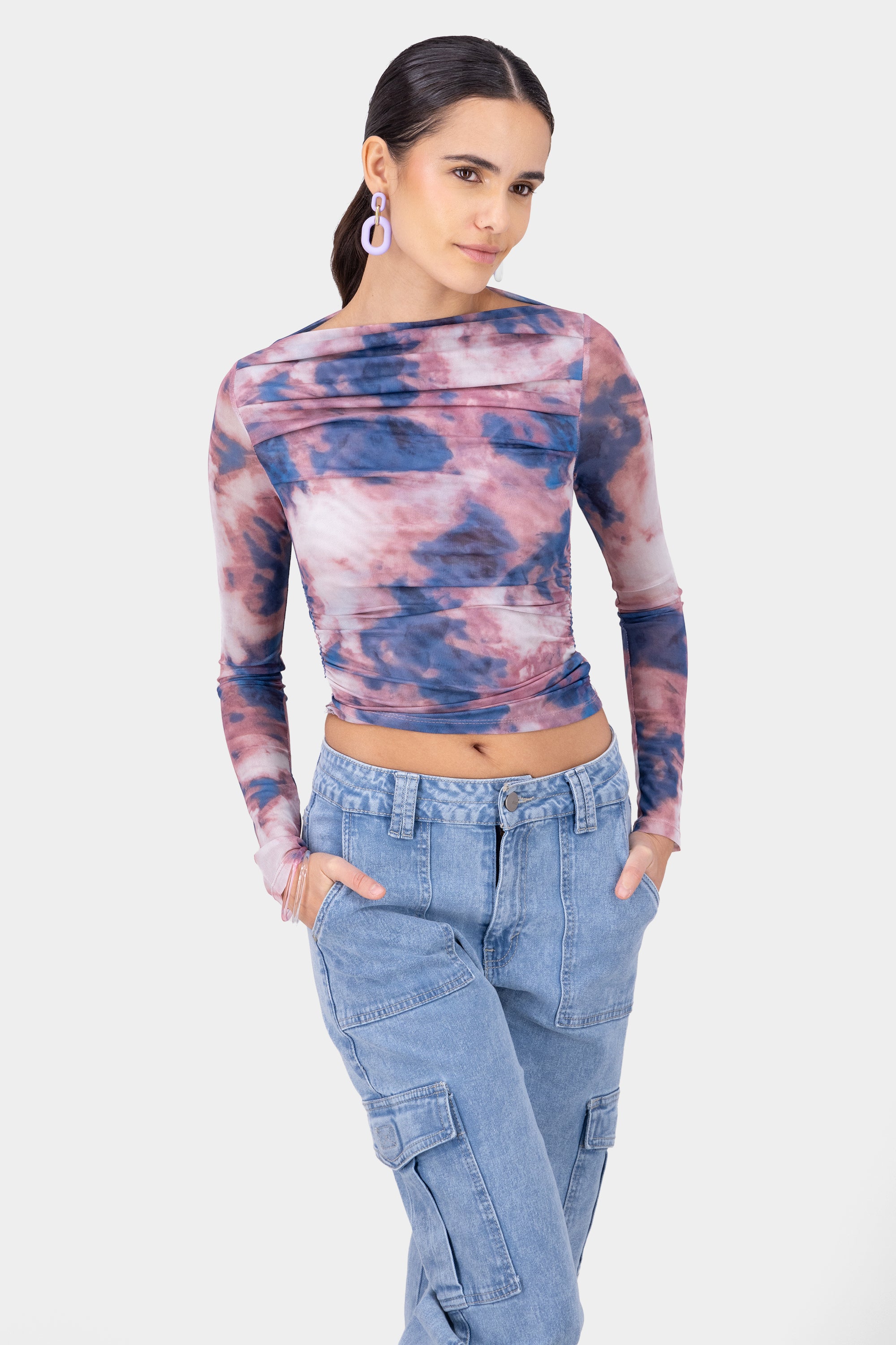 Tie Dye Mesh Design Long Sleeve Top BLUE COMBO