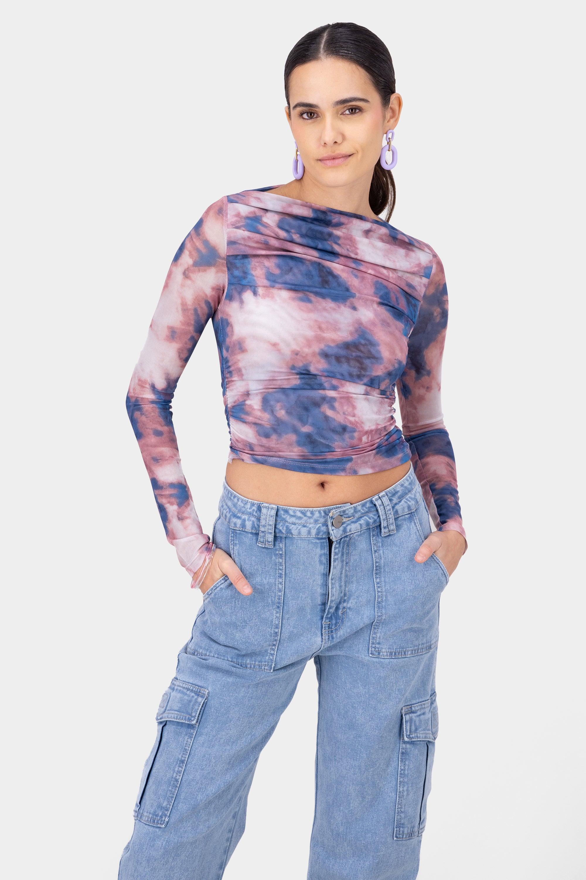 Tie Dye Mesh Design Long Sleeve Top BLUE COMBO