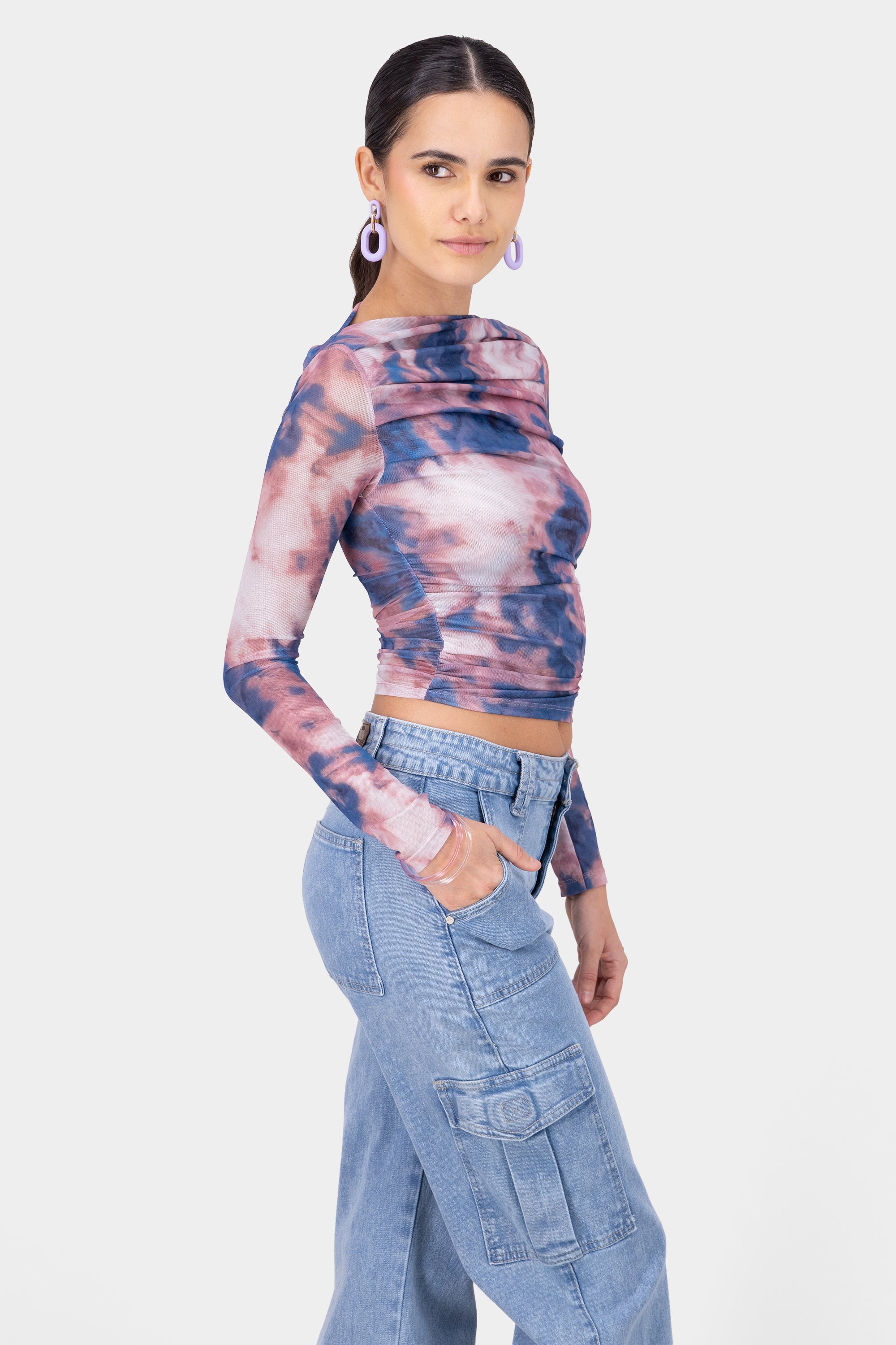 Tie Dye Mesh Design Long Sleeve Top BLUE COMBO