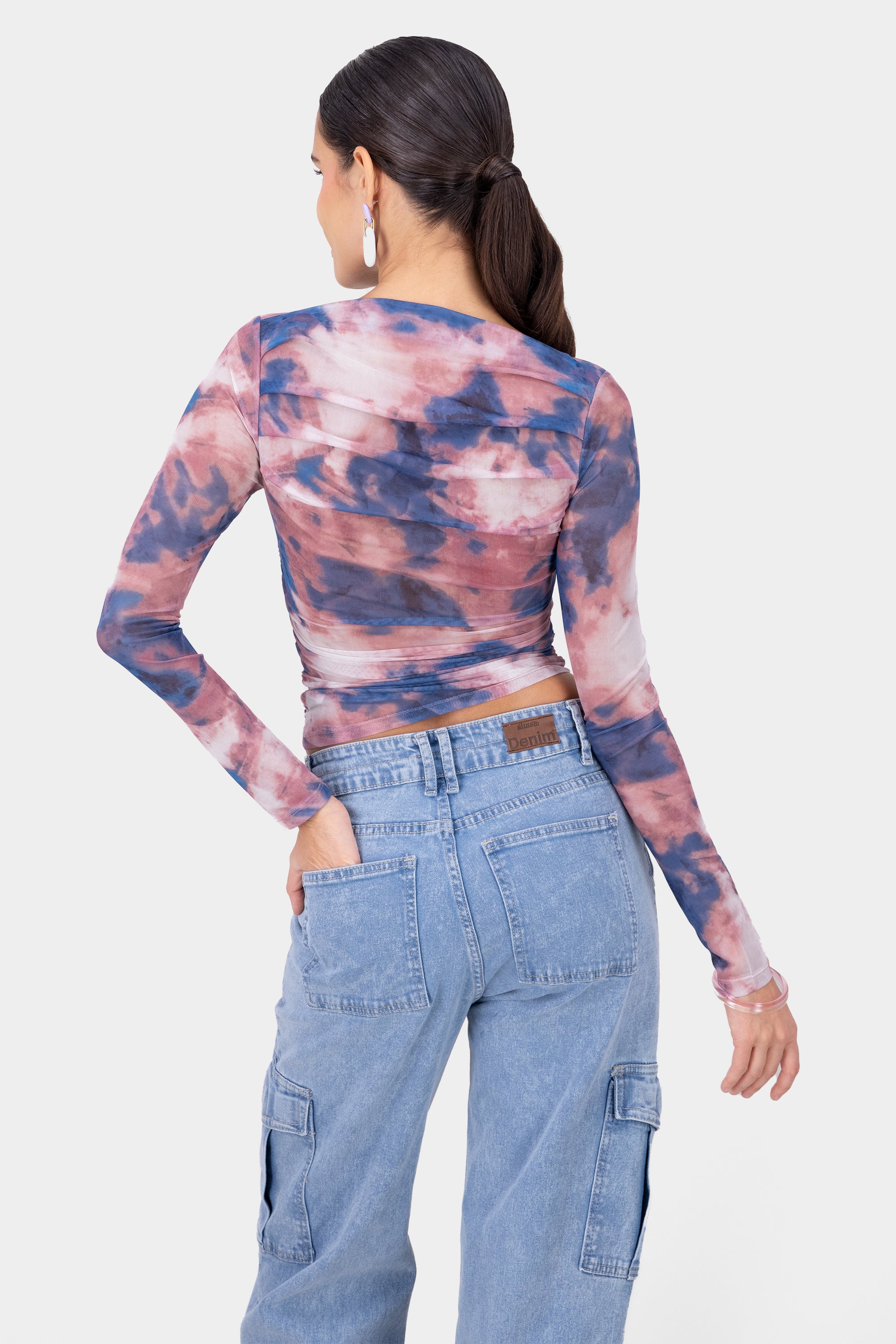 Tie Dye Mesh Design Long Sleeve Top BLUE COMBO