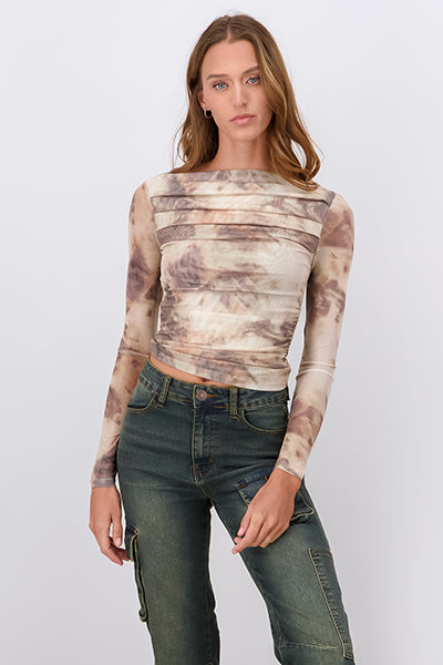 Tie Dye Mesh Design Long Sleeve Top BROWN COMBO