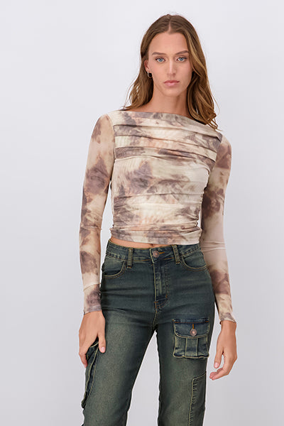 Tie Dye Mesh Design Long Sleeve Top BROWN COMBO