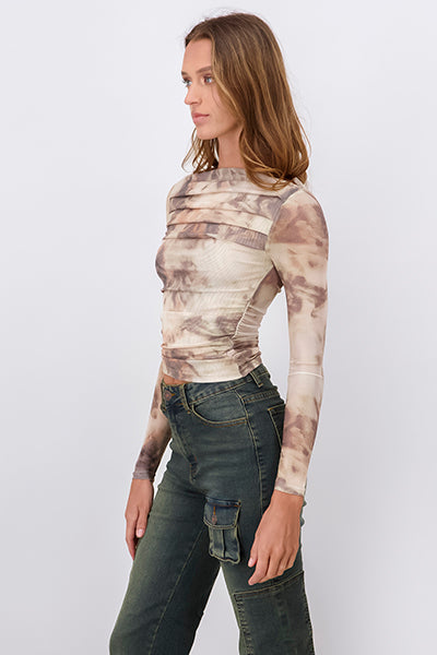 Tie Dye Mesh Design Long Sleeve Top BROWN COMBO