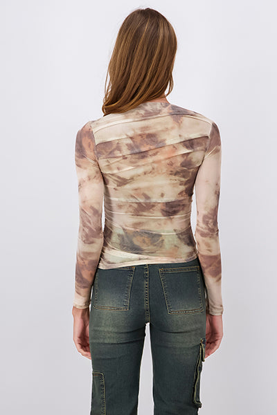 Tie Dye Mesh Design Long Sleeve Top BROWN COMBO