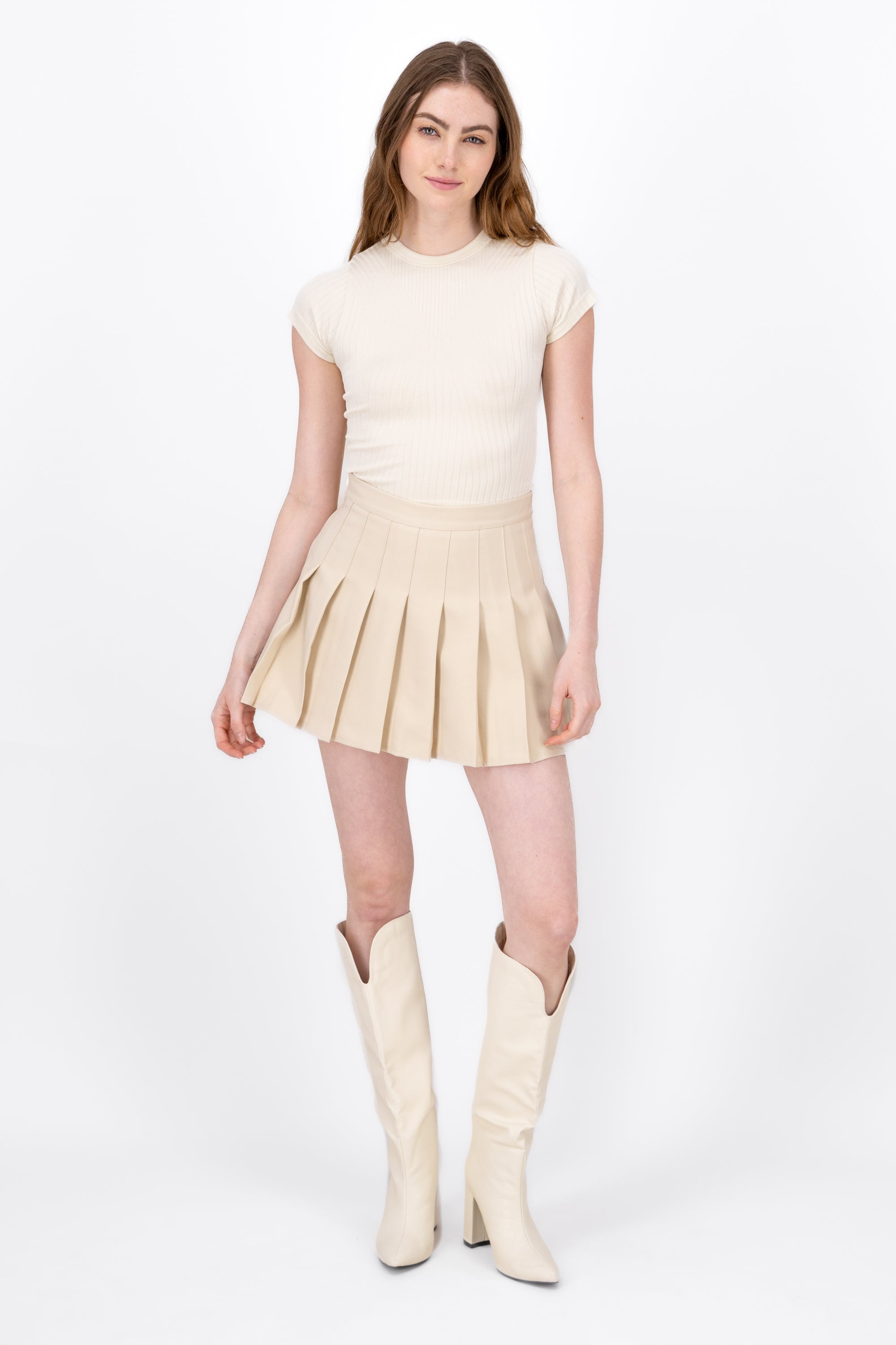 High Waist Basic Pleated Skirt BEIGE