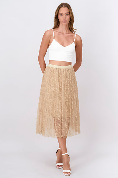 Lace Flower Mesh Midi Skirt BEIGE