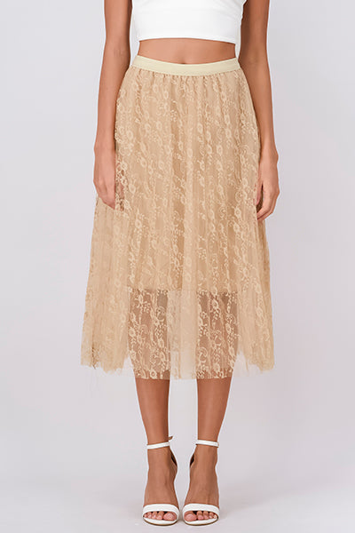 Lace Flower Mesh Midi Skirt BEIGE