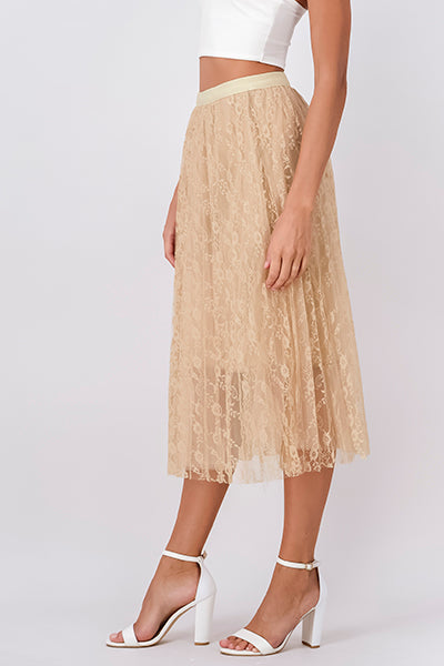 Lace Flower Mesh Midi Skirt BEIGE